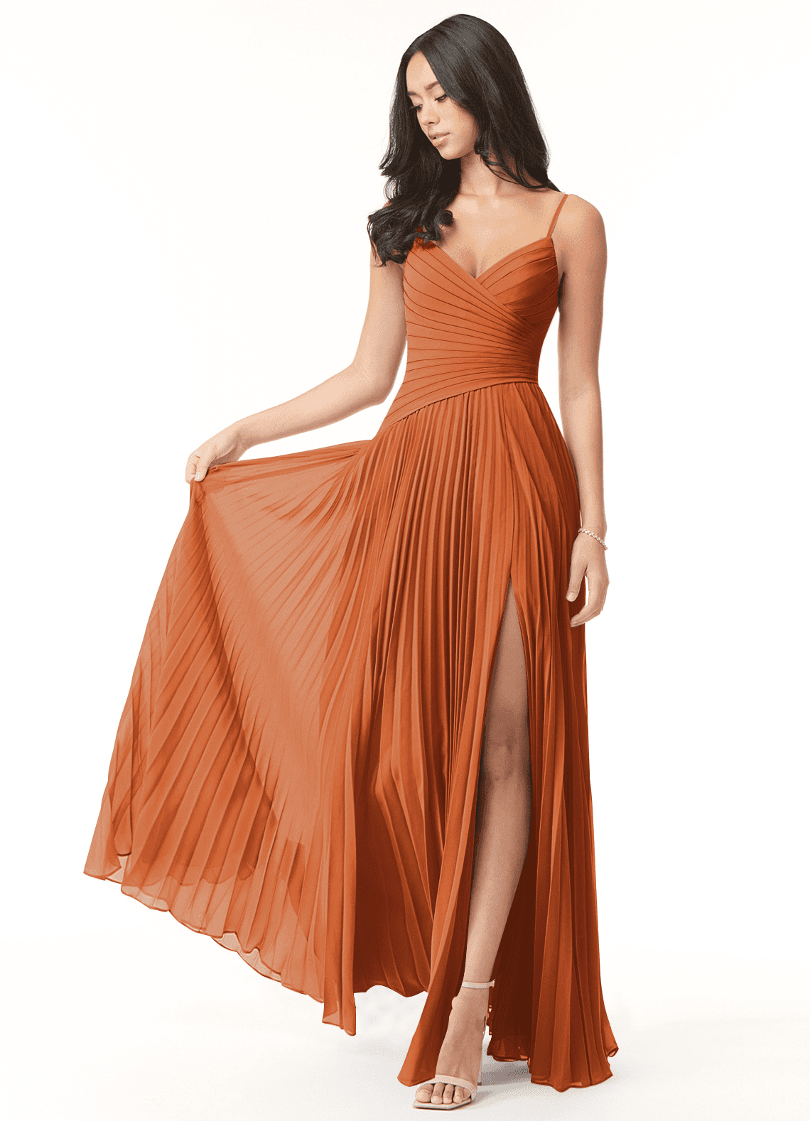 Azazie Vini Bridesmaid Dresses Cinnamon A-Line V-Neck Pleated Chiffon Dress image1