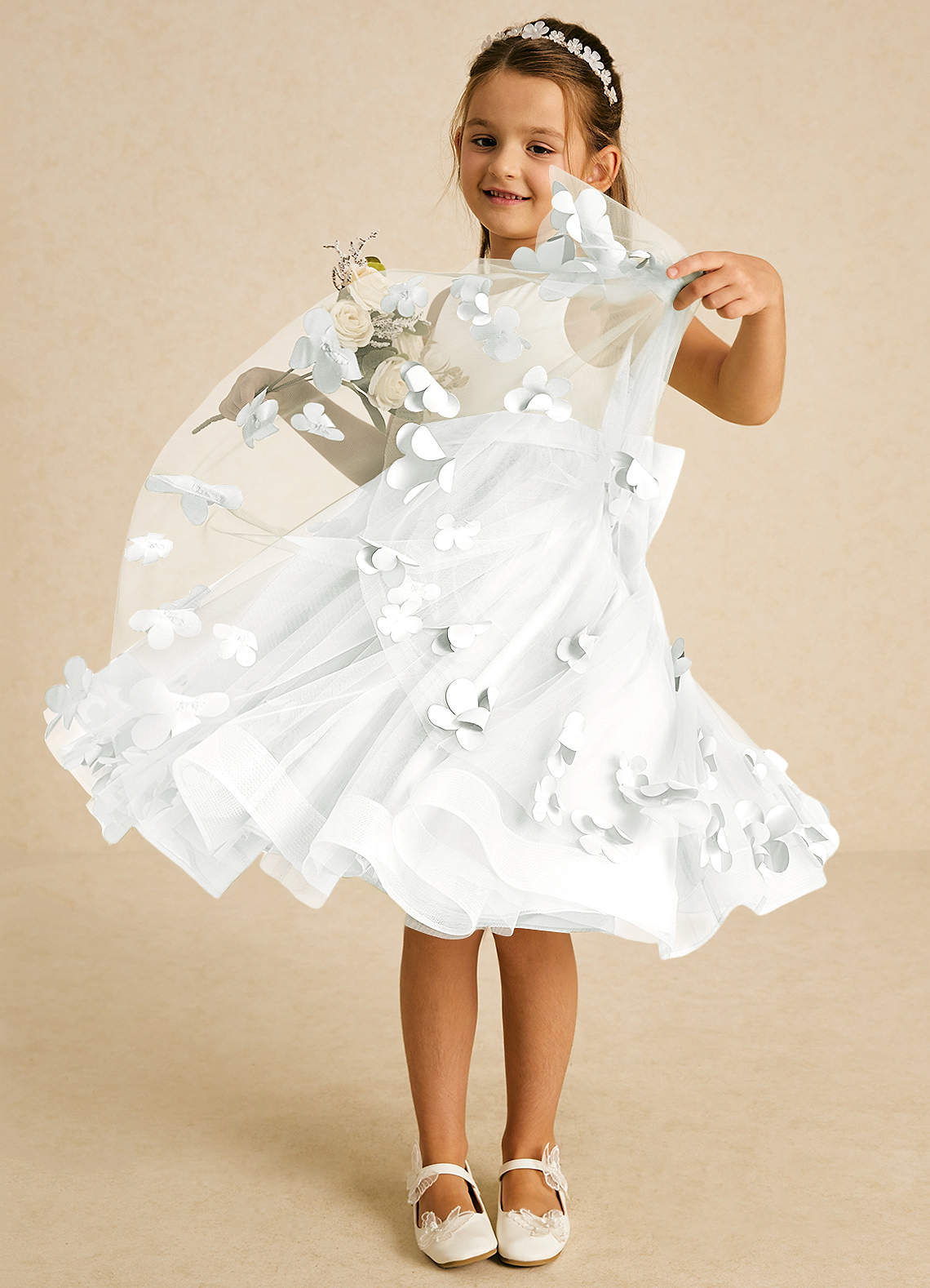 Azazie Sprout Flower Girl Dresses Diamond White A-Line Bow Tulle Dress image2