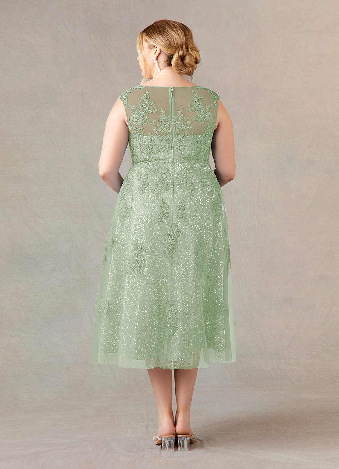 Azazie Flynn Mother of the Bride Dresses Dusty Sage A-Line Boatneck Lace Tulle Dress image6