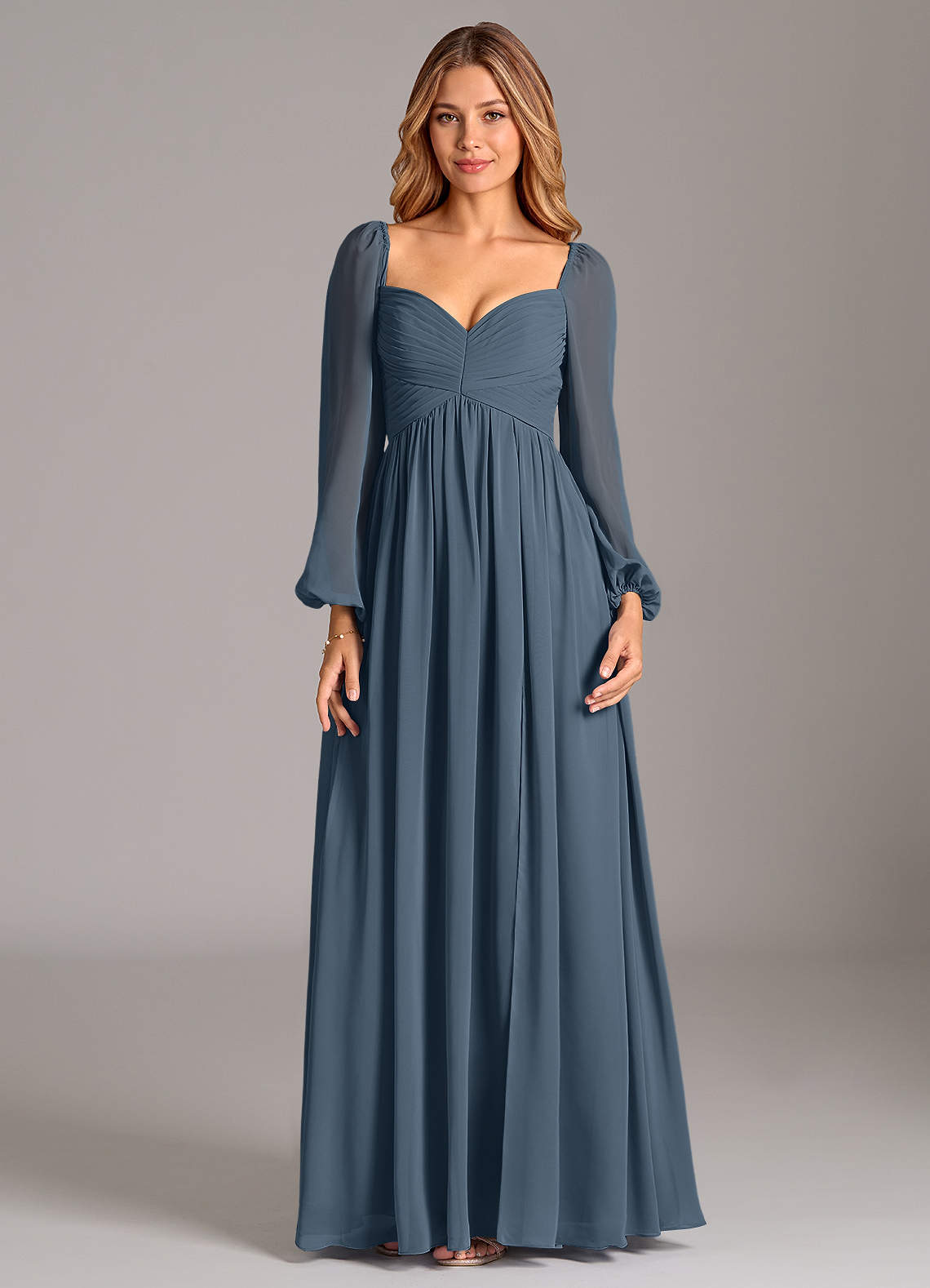 clearance bridesmaid dresses online High-Slit Chiffon Plus Size Bridesmaid Dress with Long Sleeves and Waist Pleating