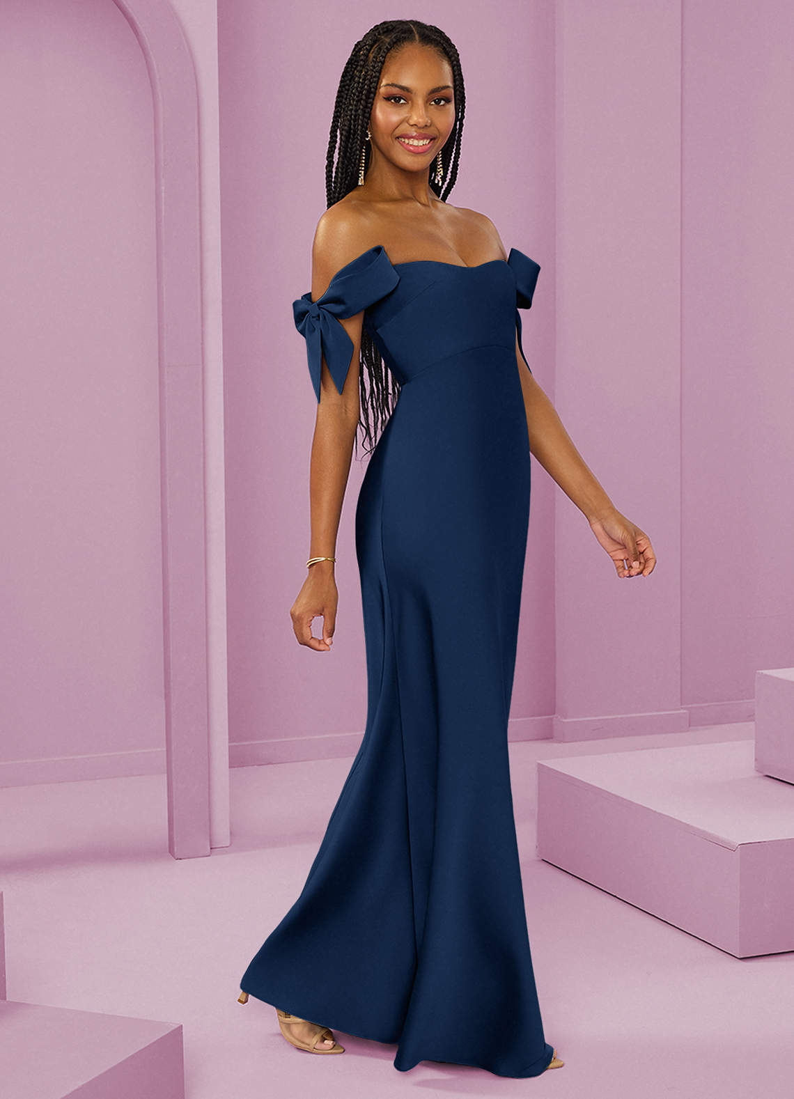 Barbie ♥ Azazie Bridesmaid Dresses Dark Navy Sheath Off the Shoulder Stretch Satin Convertible Dress image1