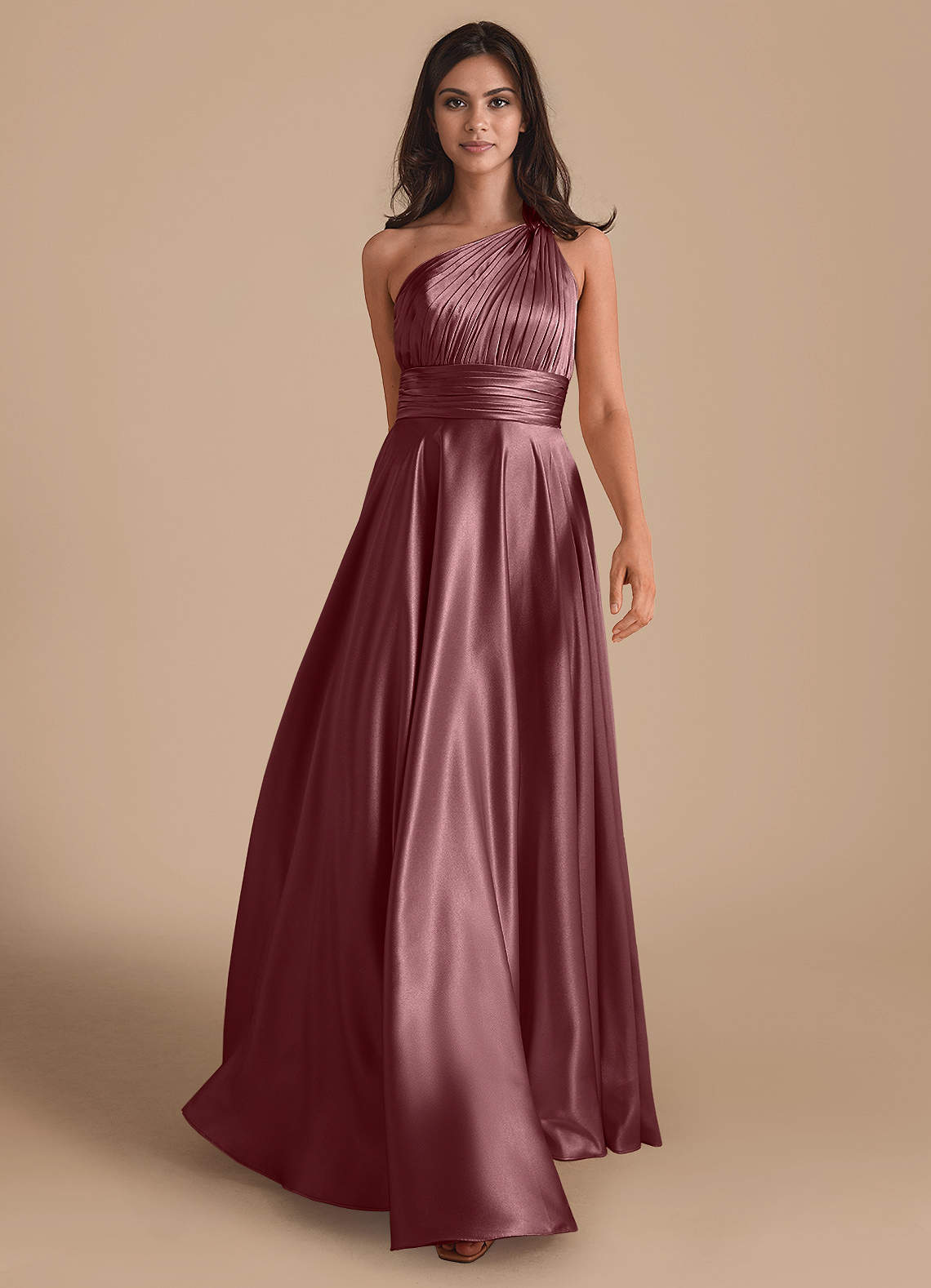Azazie Charlize Bridesmaid Dresses Vintage Mauve A-Line One Shoulder Metallic Satin Dress image1