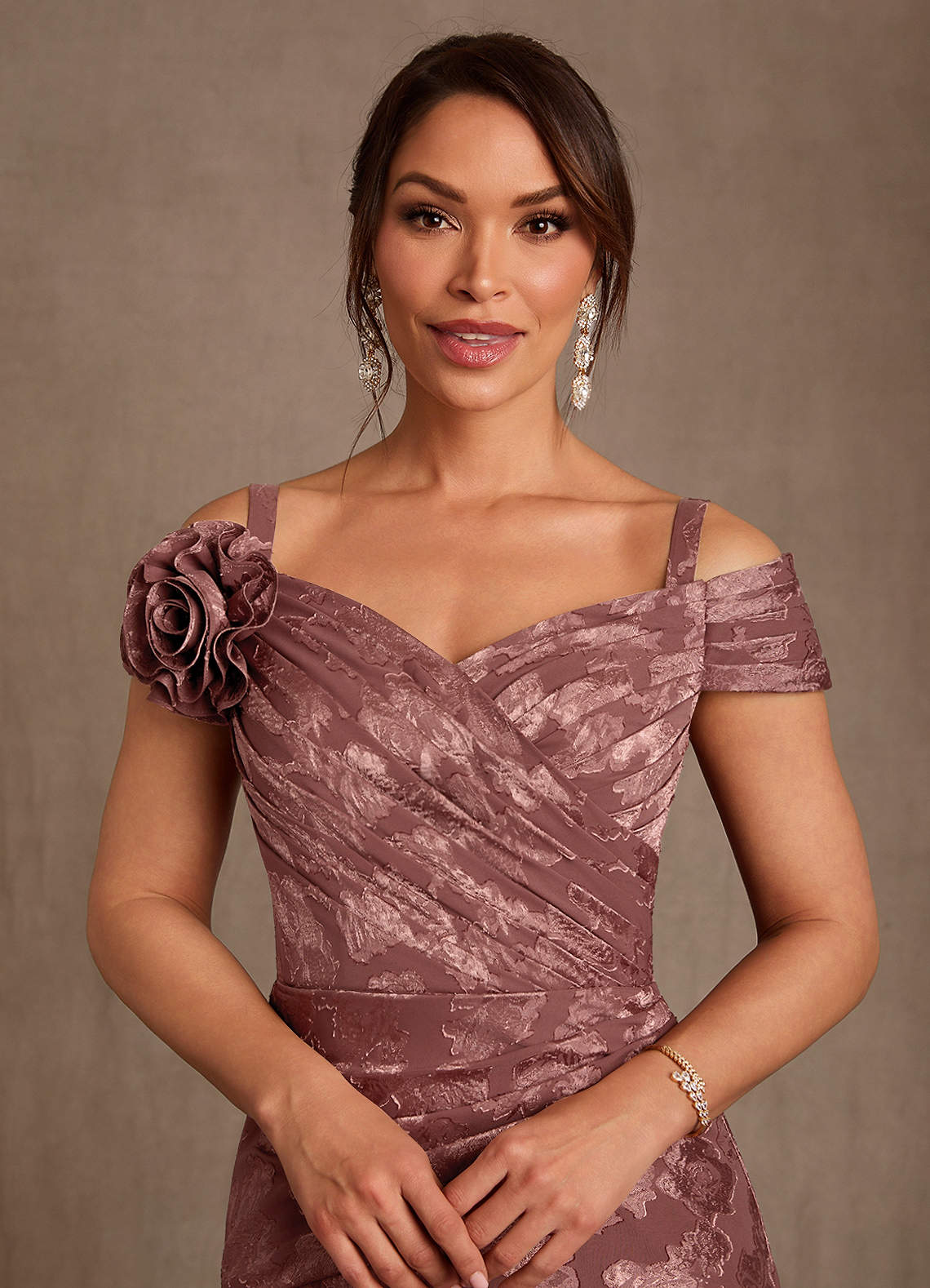 Azazie Bernadette Desert Rose A-Line Off the Shoulder Floral