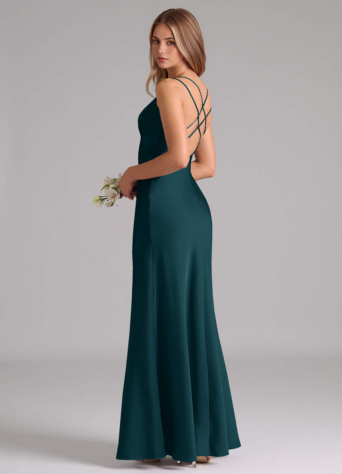 Azazie Suttona Bridesmaid Dresses Pine A-Line Pleated Stretch Satin Dress image1