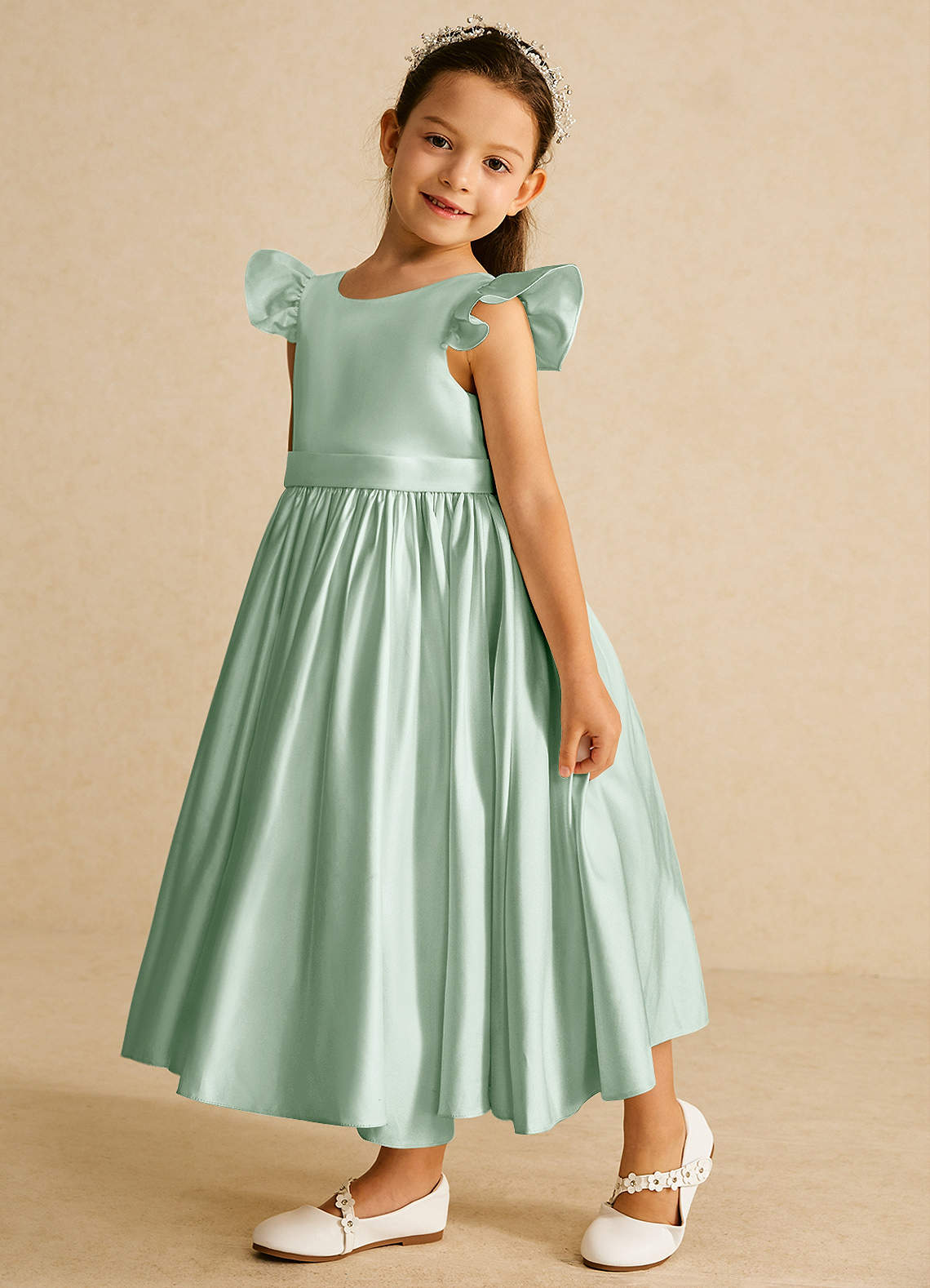 Azazie Violeta Flower Girl Dresses Agave Ball-Gown Bow Matte Satin Dress image4