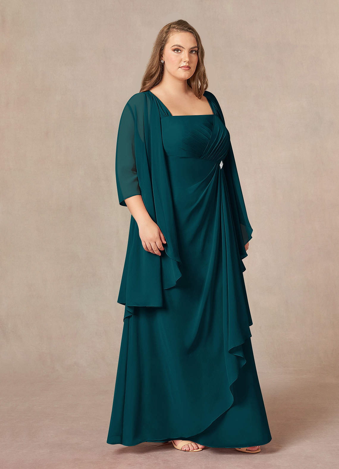 Azazie Weisz Mother of the Bride Dresses Pine A-Line Square Neckline Pleated Chiffon Dress image8