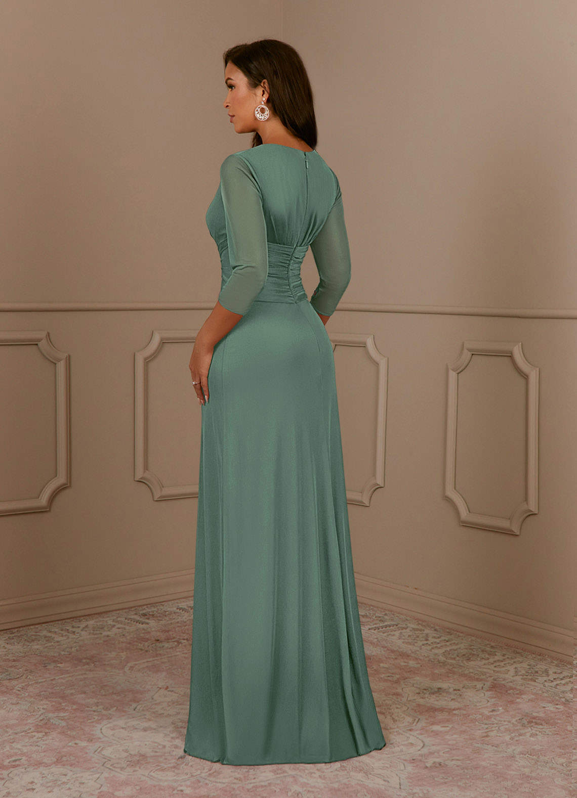 Azazie Annetta Mother of the Bride Dresses Eucalyptus A-Line V-Neck Pleated Mesh Dress image2