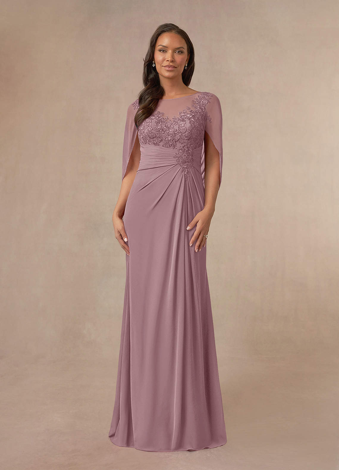 Azazie Hera Mother of the Bride Dresses Dusty Rose A-Line Lace Capelet Chiffon Dress image1