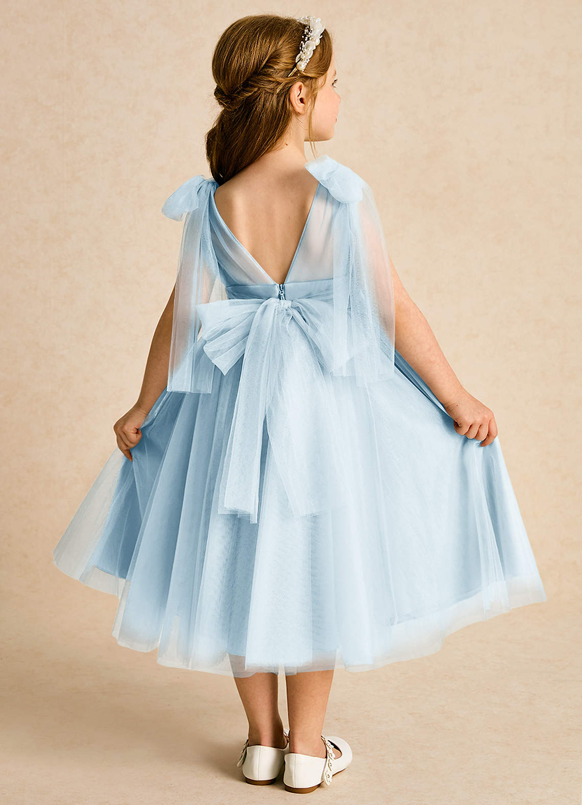 Azazie Dori Flower Girl Dresses Sky Blue A-Line Ruched Tulle Dress image1