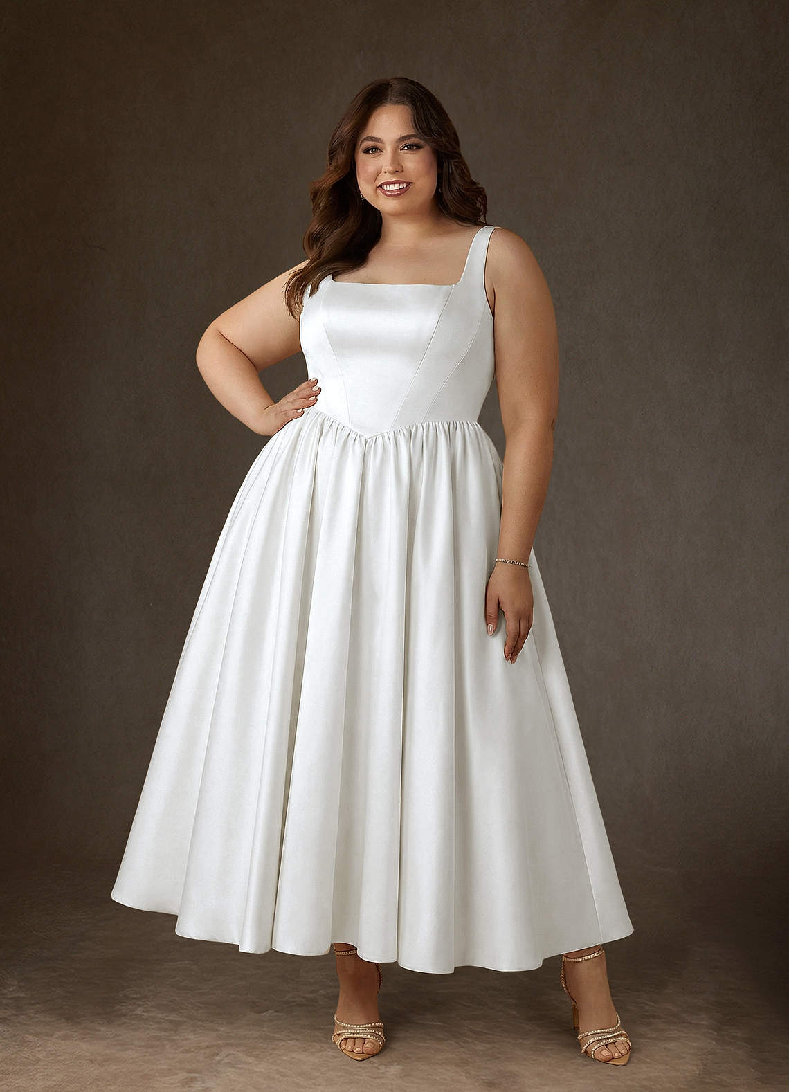 Azazie Verina At-home Try On Dresses Diamond White A-Line with Pockets Satin Dress image6