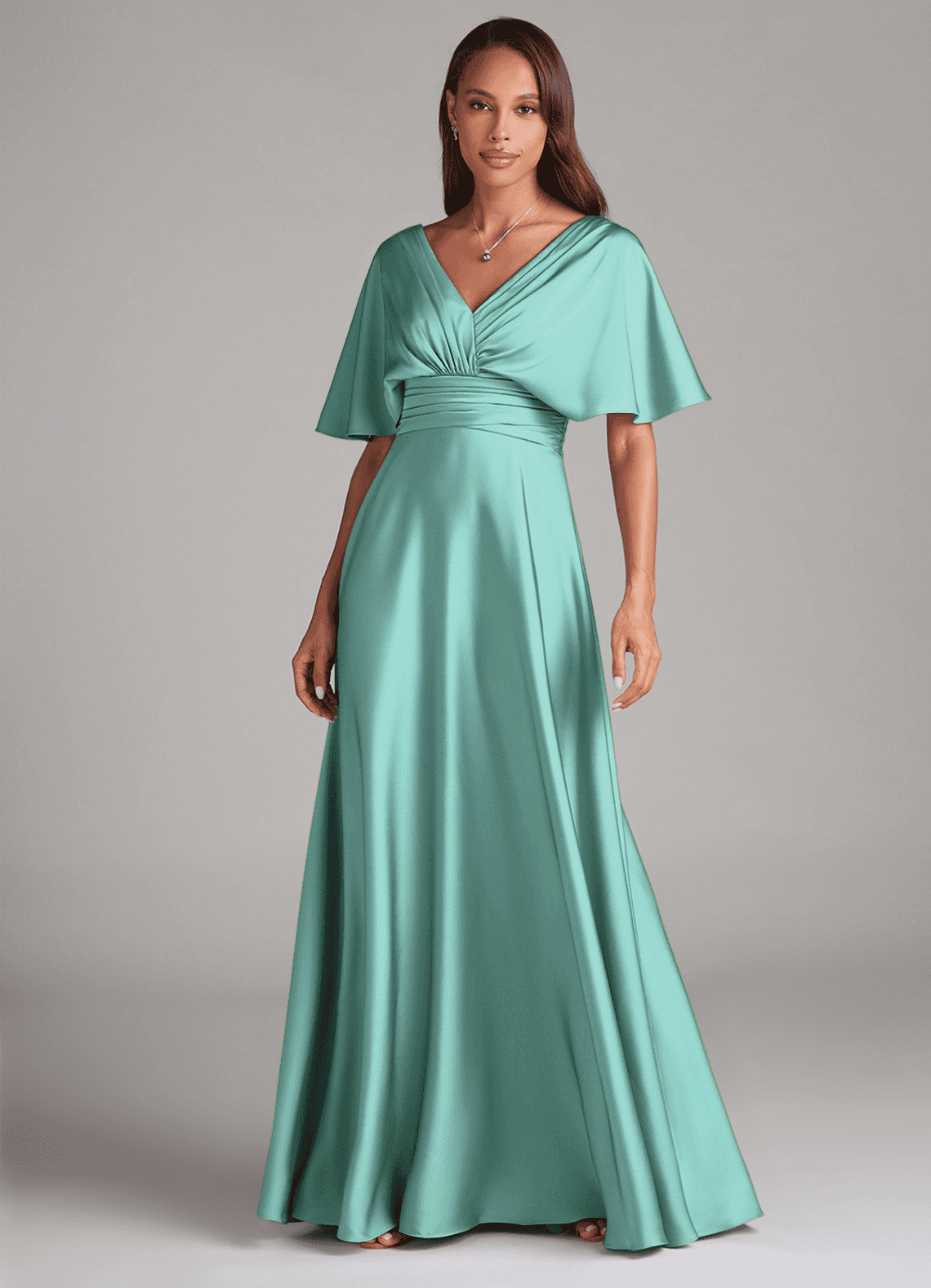 Azazie Pamela Robes de demoiselle d'honneur Robe Trapèze en Satin extensible Plissée Aqua image1