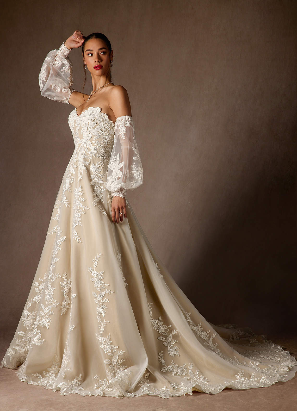 Azazie Madeleine At-home Try On Dresses Diamond White Champagne Ball-Gown Strapless Lace Dress image4