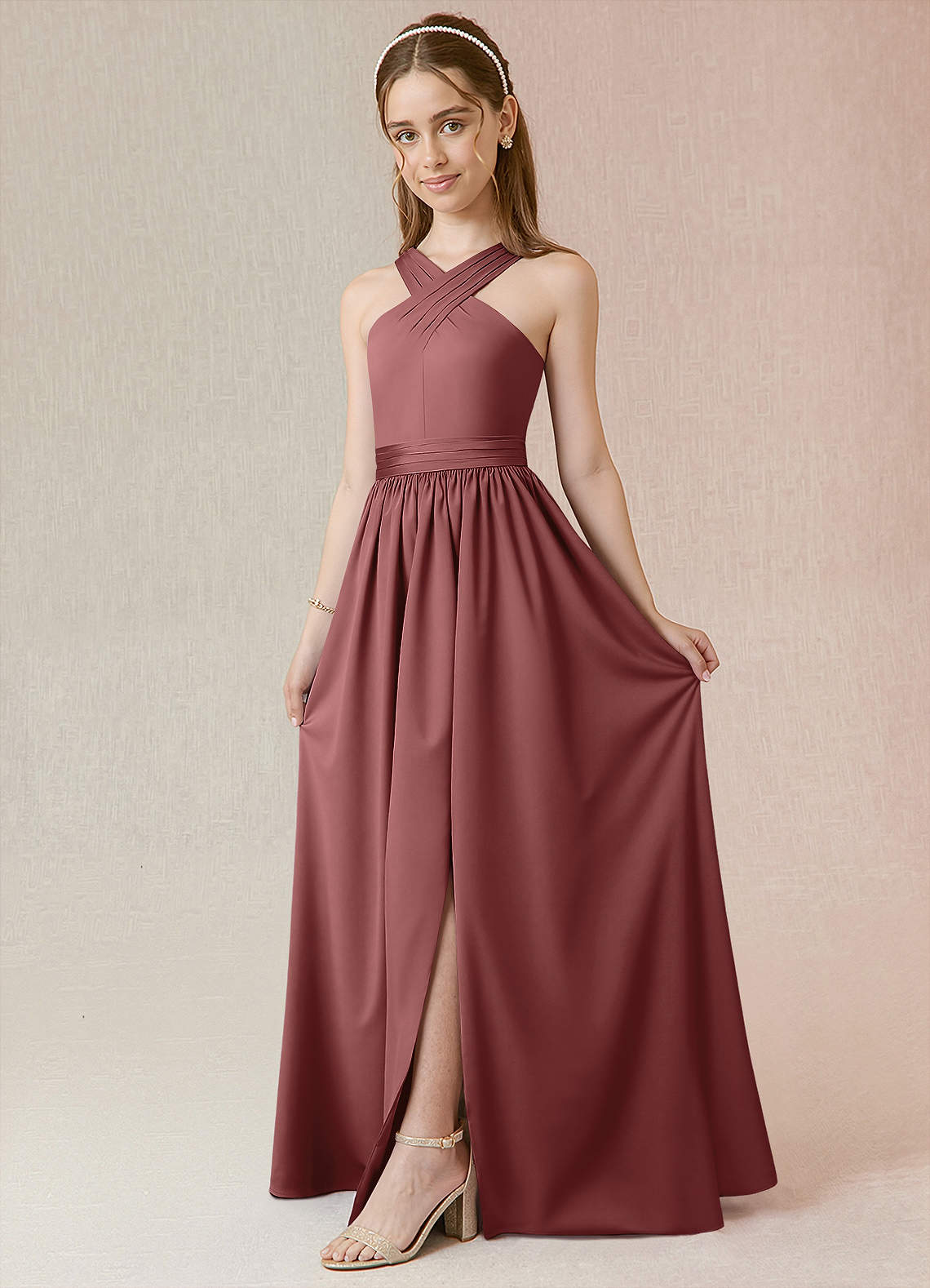 Azazie Jiya Junior Vestido Ametista de Cetim elástico de Linha A com Plissado image1