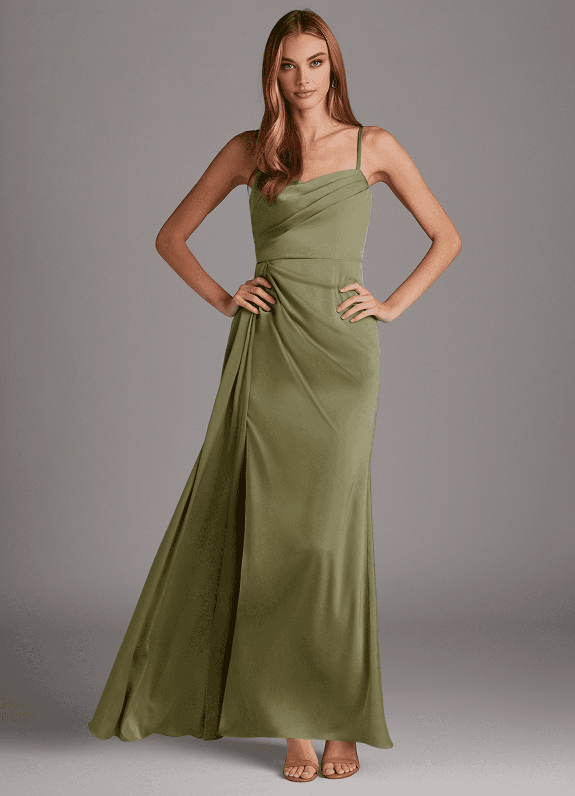 Azazie Bona Schlussverkauf A-Linie V-Hals Gefaltet Stretch-Satin Kleid Pistazie image1