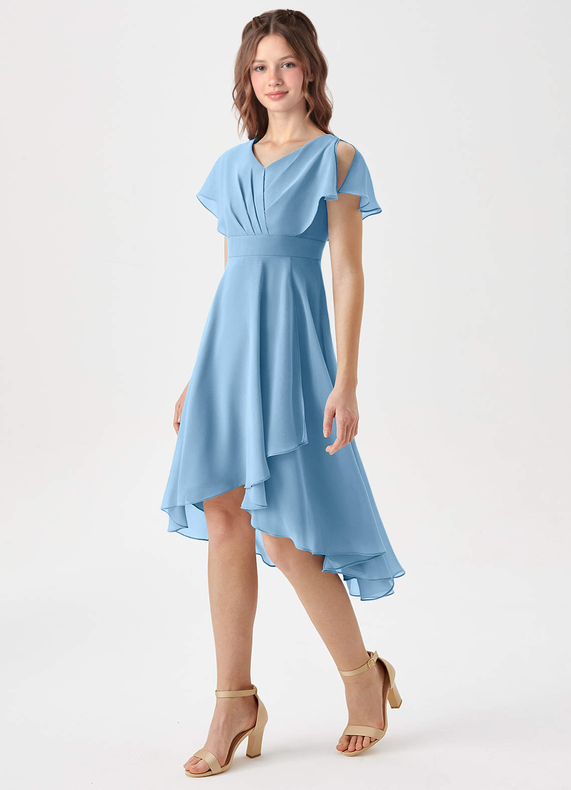 Azazie Graciela Junior Steel Blue A-Line Pleated Chiffon Dress image1