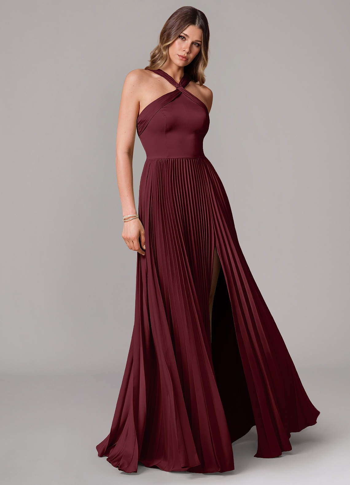 Azazie Afra Bridesmaid Dresses Cabernet A-Line Pleated Stretch Satin Dress image1