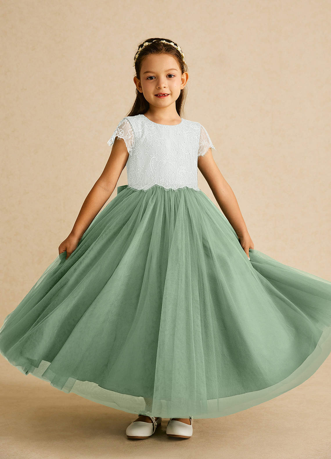Azazie Bumblebee Abiti da Ragazza di Fiori Abito A-Line in Tulle Pizzo Avorio Matcha image1