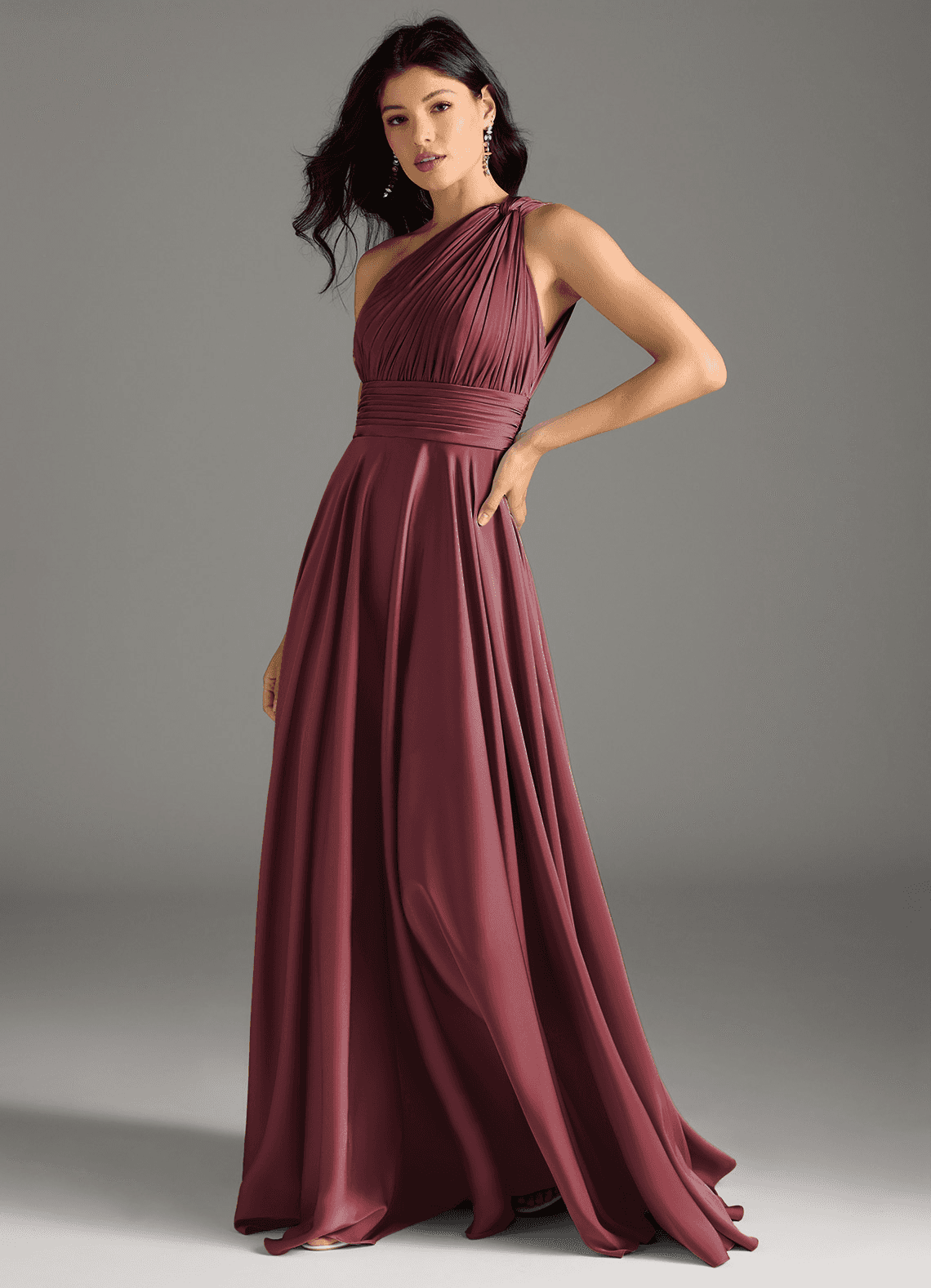 Azazie Charlize Vestidos de damas de honor Vestido de Merlot de Satén Elástico de Corte en A con Hombro unilateral image3