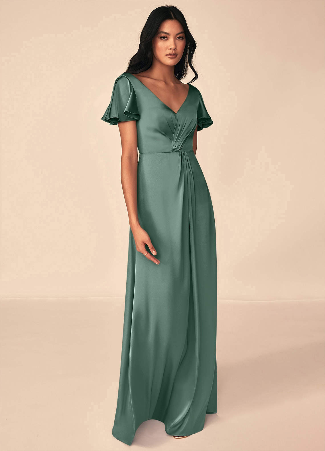 Azazie Soren At-home Try On Dresses Auburn A-Line Pleated Stretch Satin Dress image3