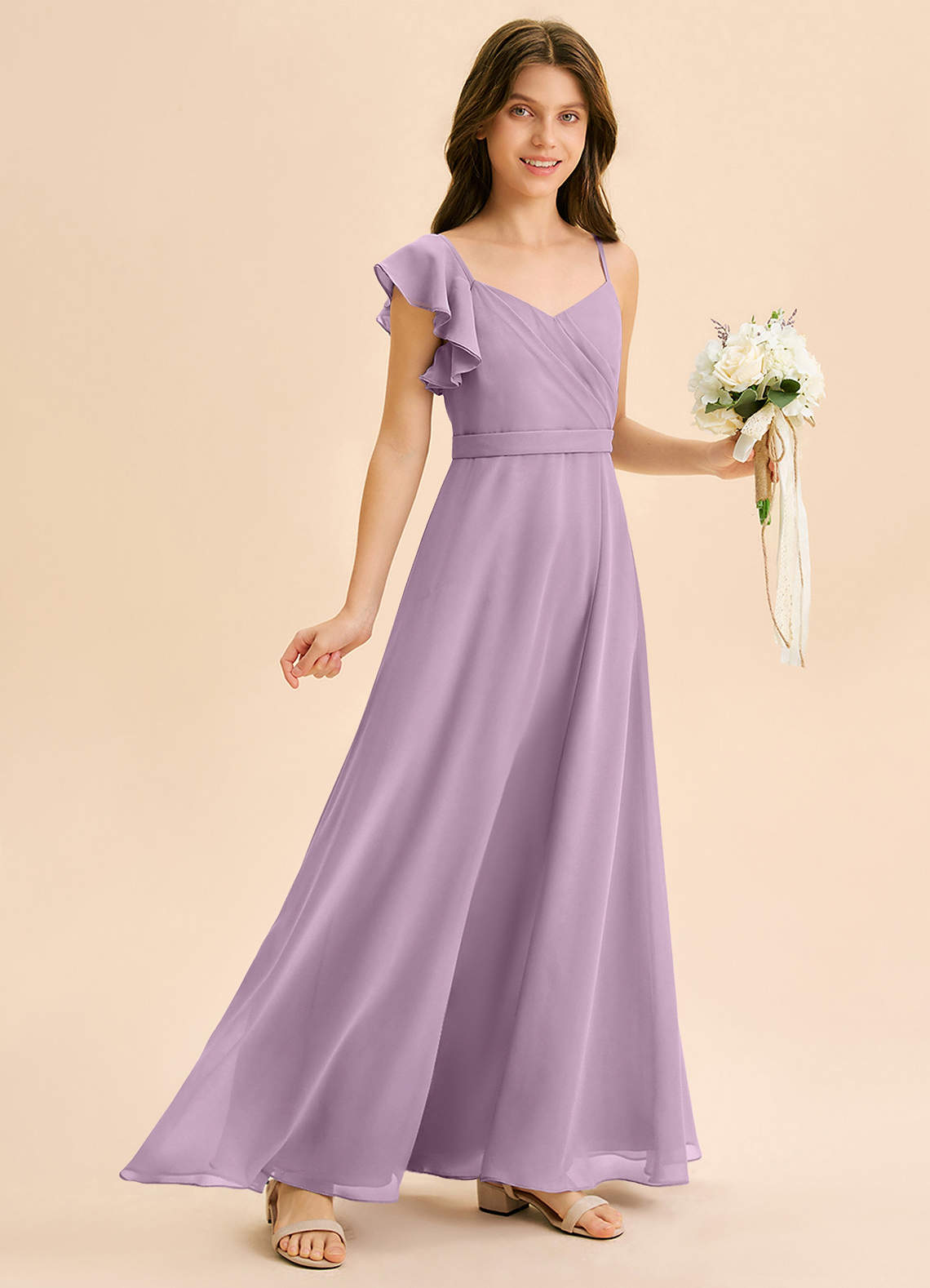 Azazie Kelsea Junior Klä av A-Line i Chiffong Rynkad image1