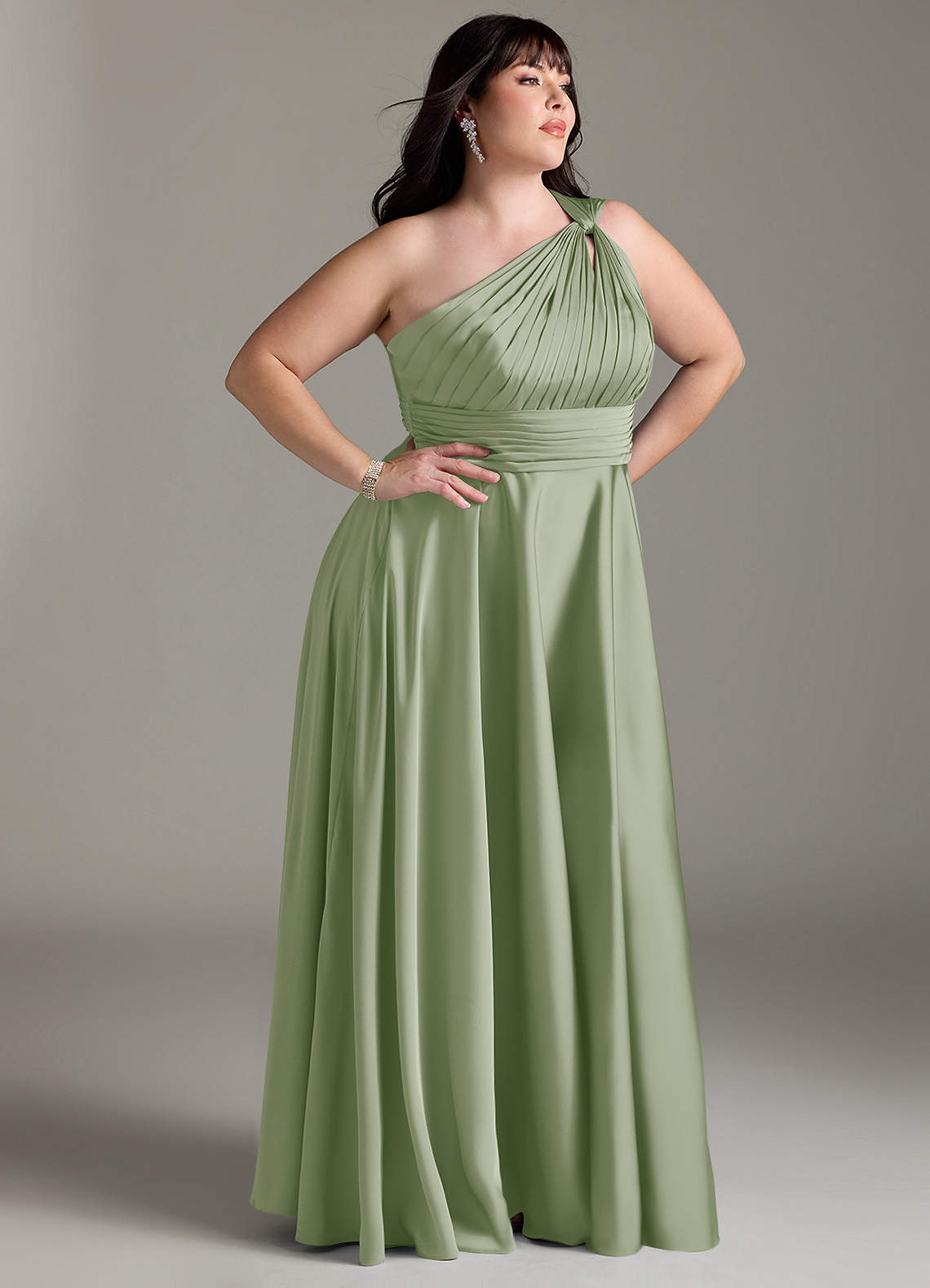 Azazie Charlize Bridesmaid Dresses Dusty Sage A-Line One Shoulder Stretch Satin Dress image11