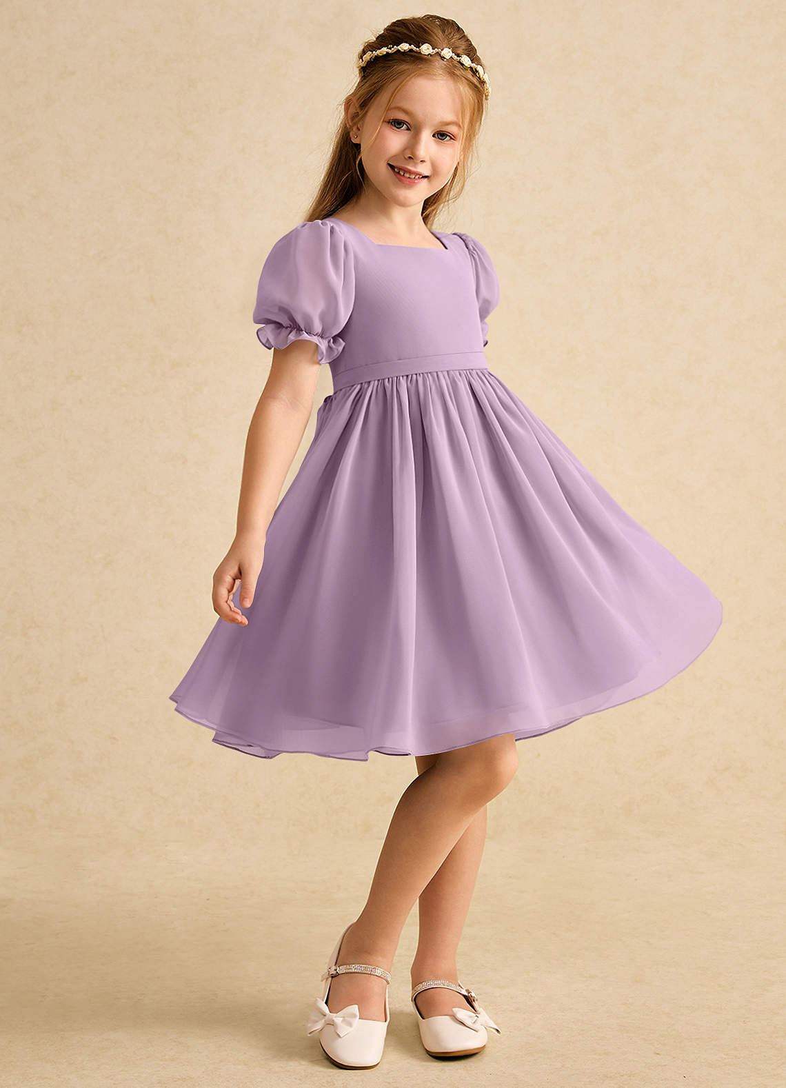 Azazie Jolie Flower Girl Dresses Wisteria A-Line with Sleeves Chiffon Dress image1