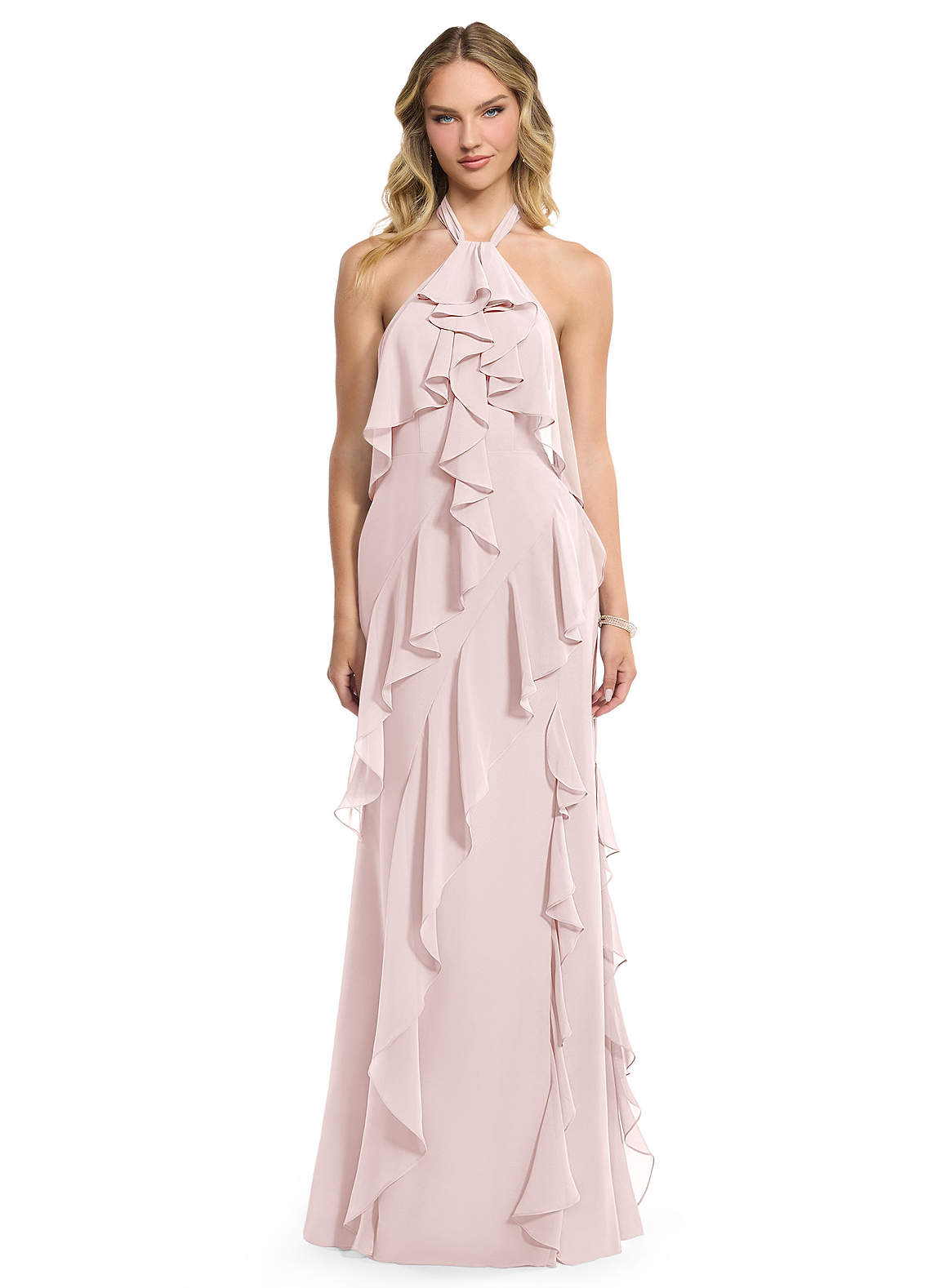 Azazie Velma Bridesmaid Dresses Blushing Pink A-Line Side Slit Chiffon Dress image1