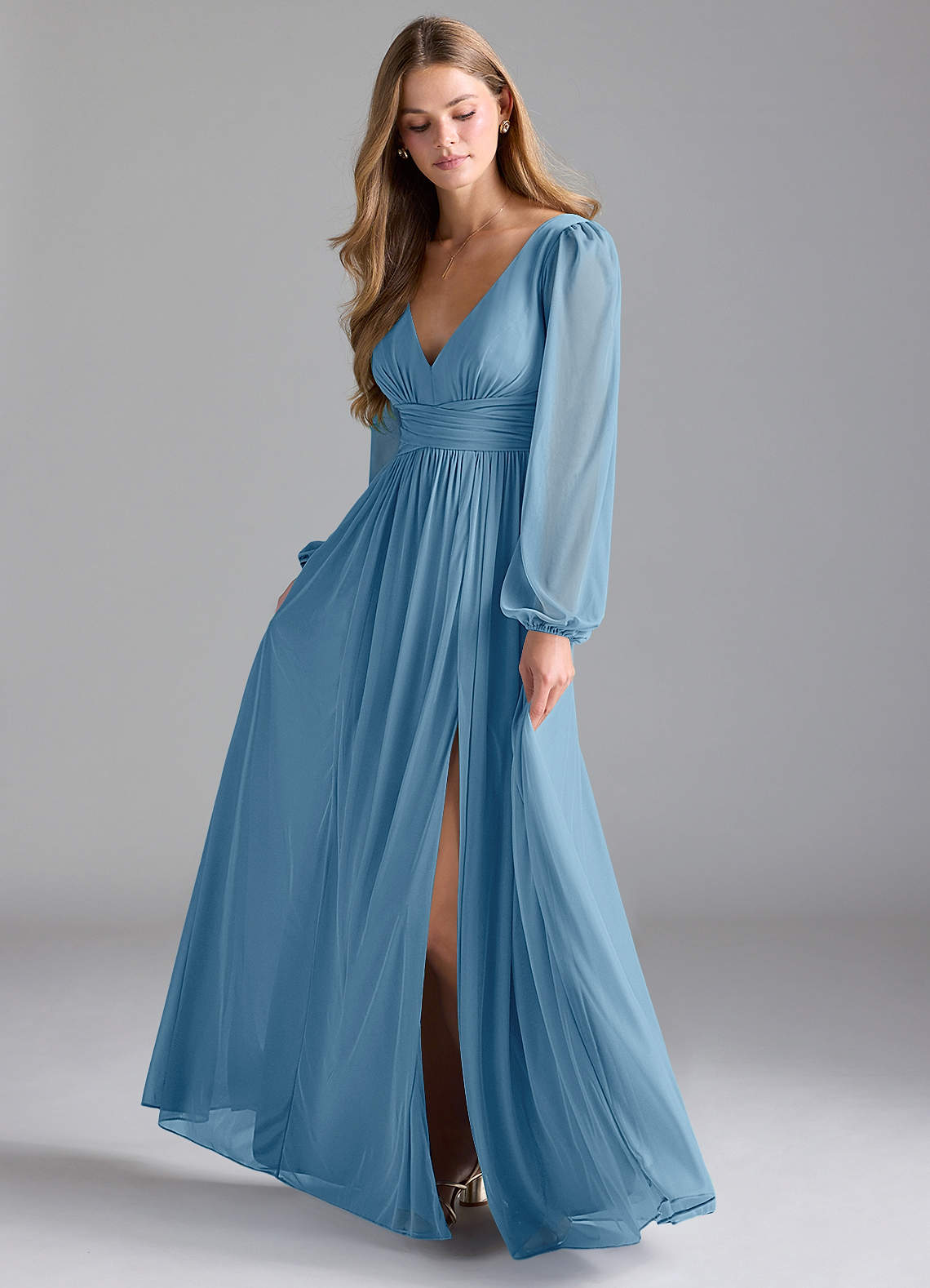 Azazie Norah Bridesmaid Dresses Steel Blue A-Line Mesh Dress image1