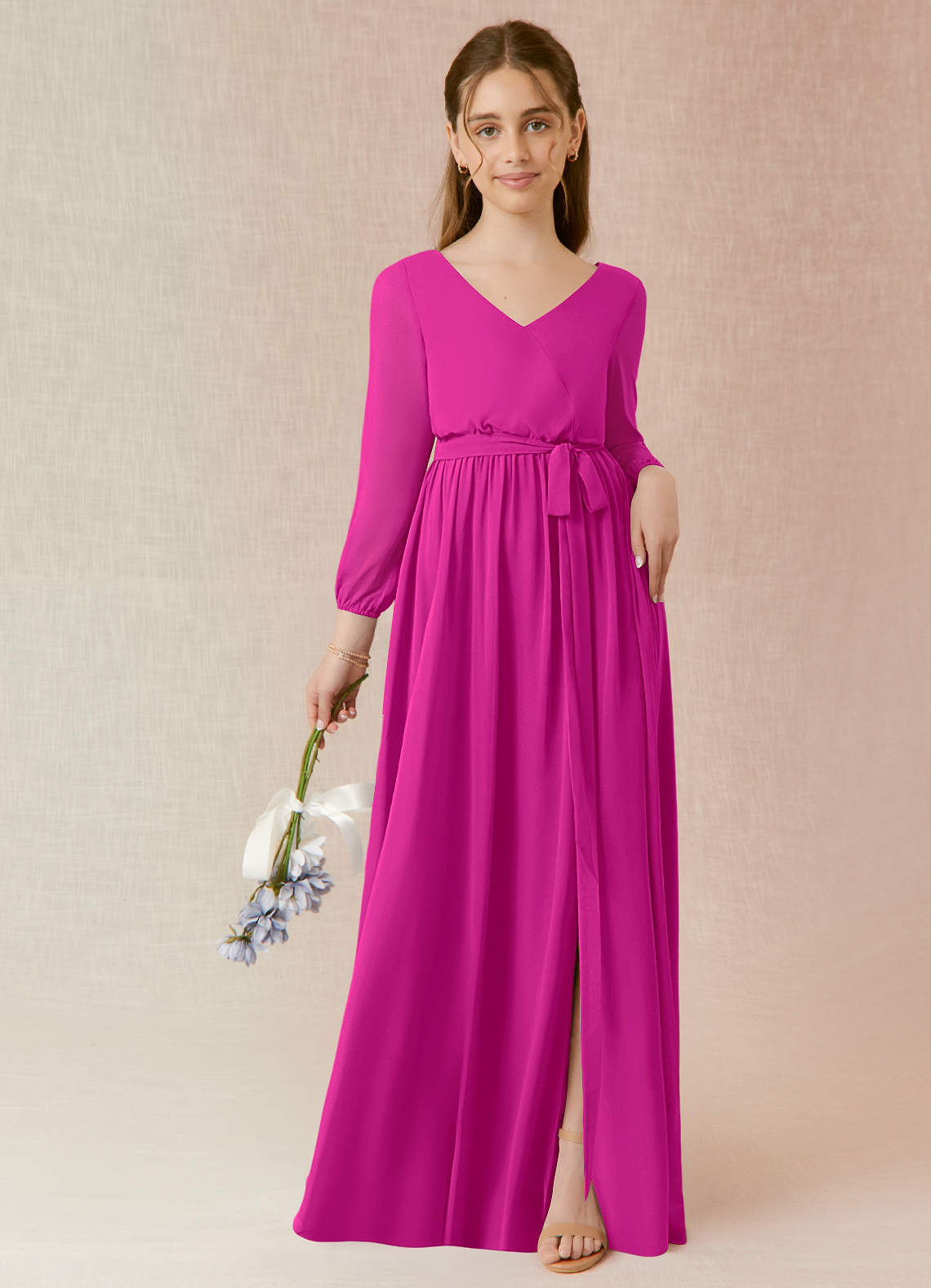 Azazie Angelica Junior Fuchsia A-Line Pleated Chiffon Dress image1