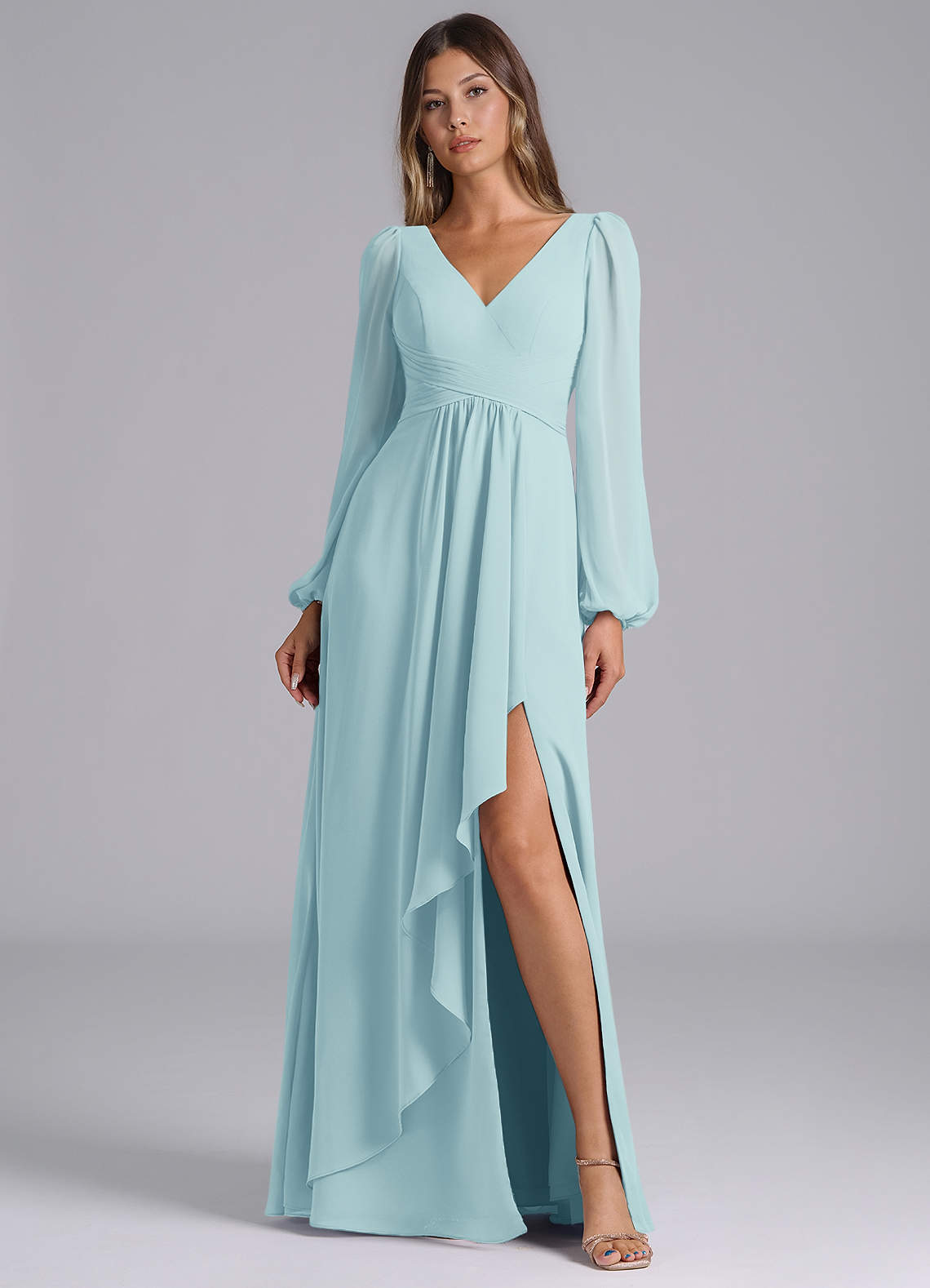 Azazie Omari Bridesmaid Dresses Sea Glass A-Line Long Sleeve Chiffon Dress image1