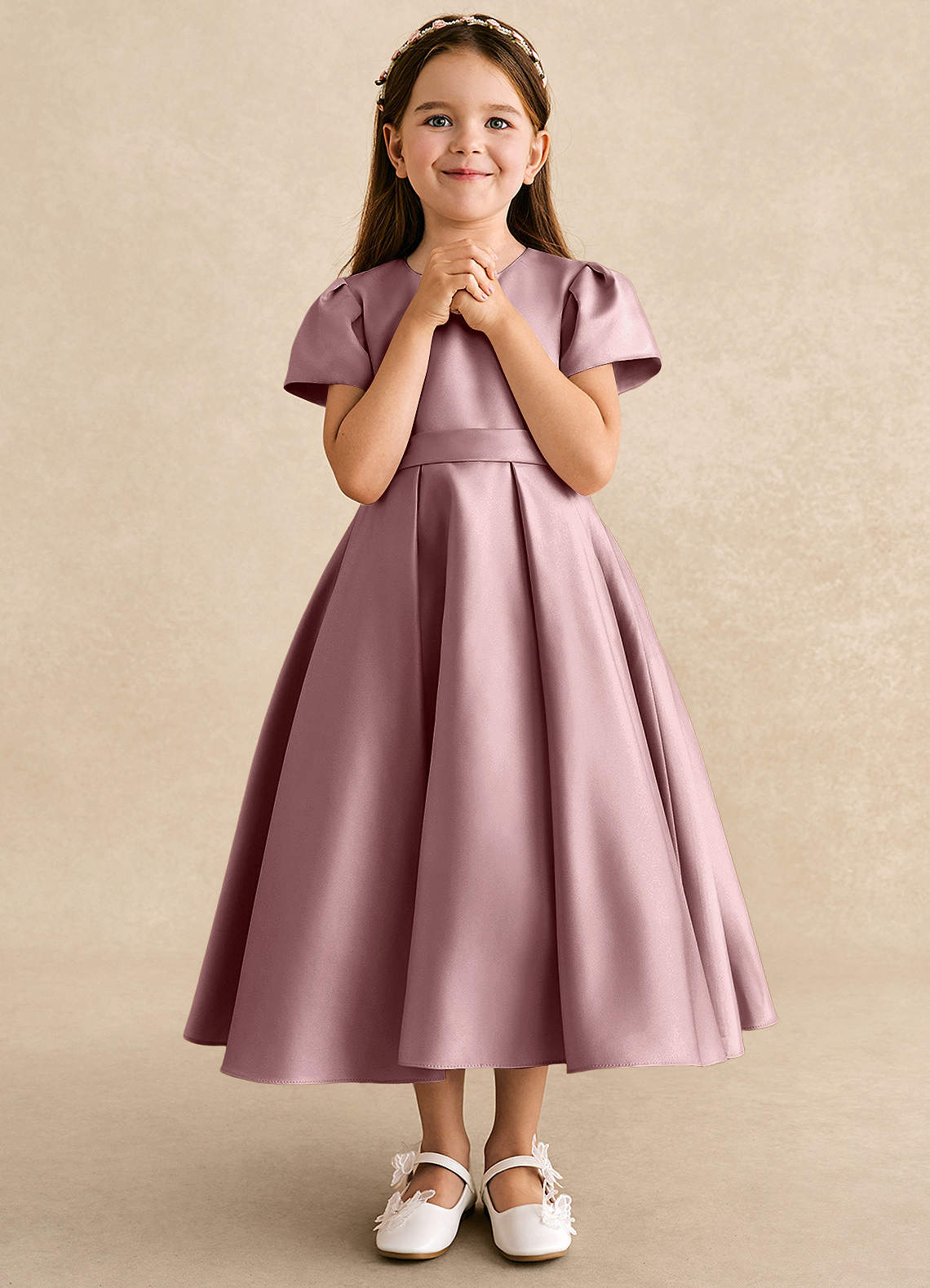 Azazie Princess Flower Girl Dresses Dusty Rose A-Line Pleated Matte Satin Dress image3