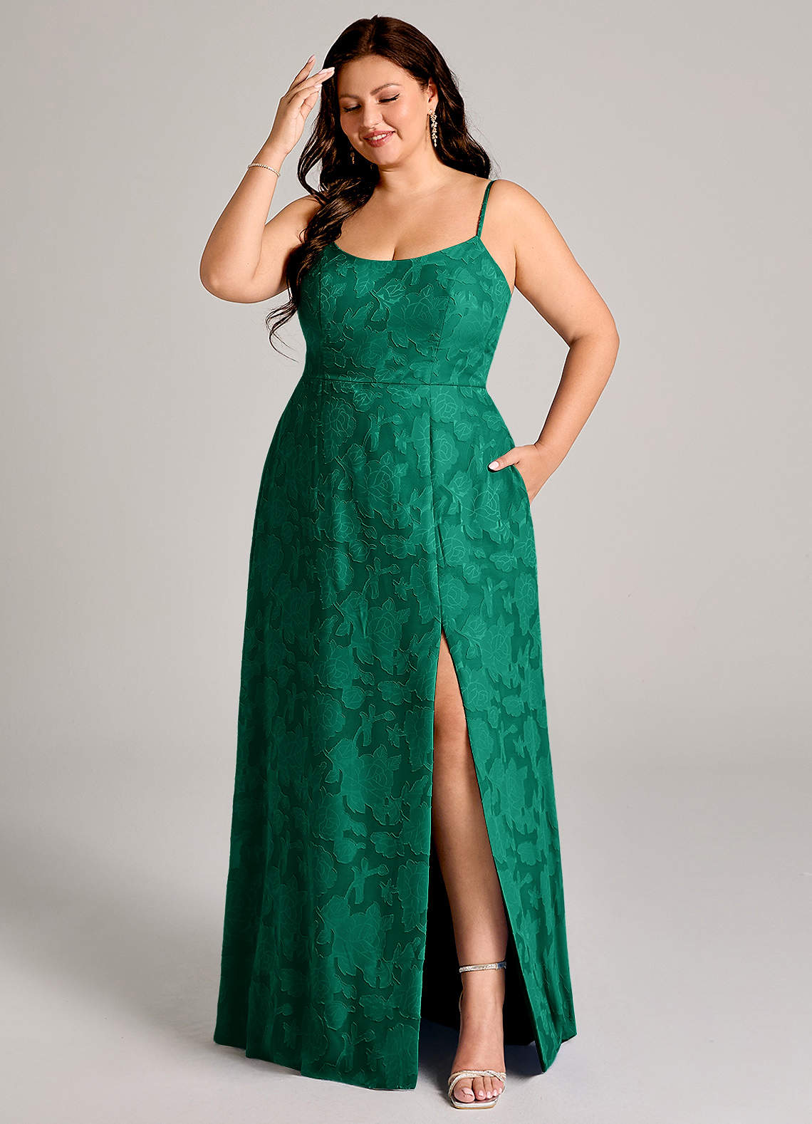 Azazie Moira Bridesmaid Dresses Emerald A-Line Side Slit Floral Burnout Dress image1