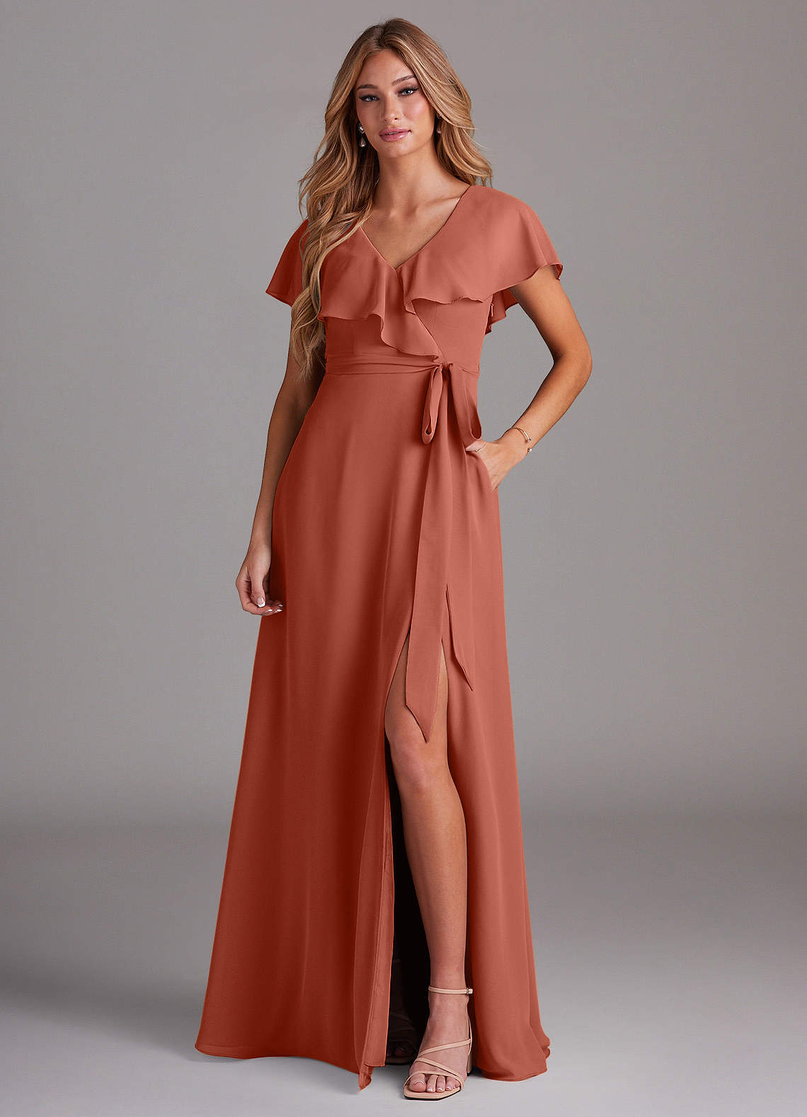 clay bridesmaid dress Dark Terracotta Bridesmaid Dress A-Line V-Neck Spaghetti Straps Ruched Chiffon Bridesmaid Dresses With Slit