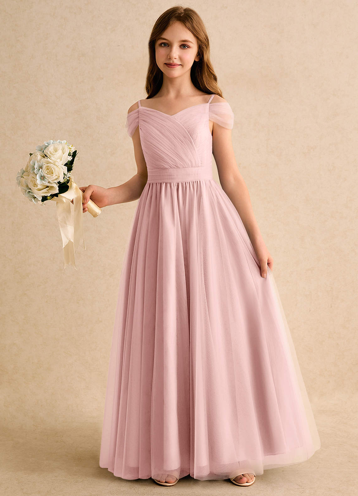 Azazie Yuna Girls Formal Abiti da Ragazza di Fiori Abito A-Line in Tulle Spalle Scoperte Rosa Cipria image4