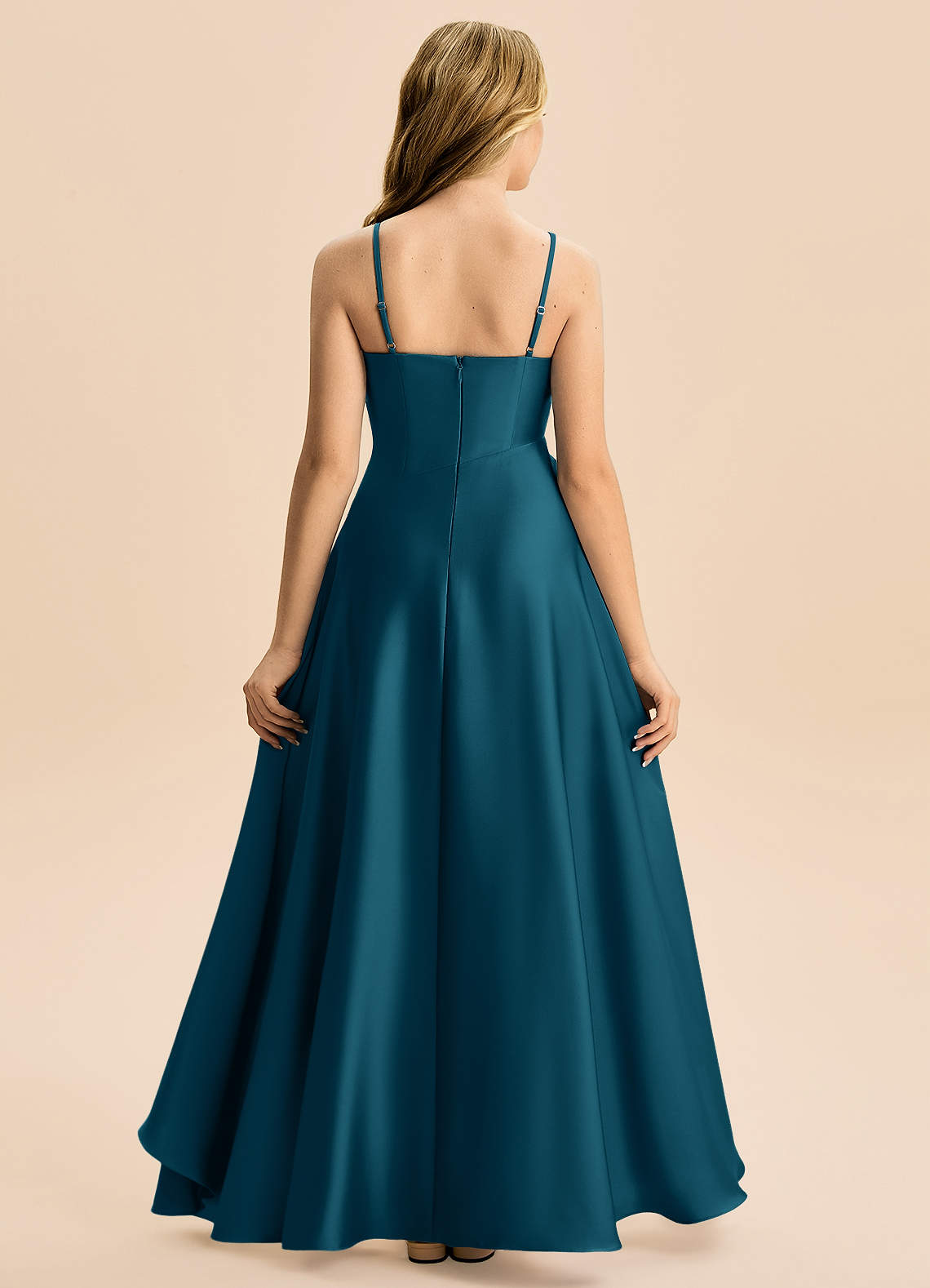 Azazie Eirlys Junior Vestido de Azul Tinta de Satén Elástico de Corte en A con Plisado image1