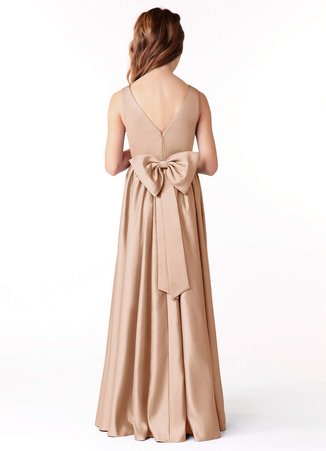 Azazie A-Line/Princess V-Neck Floor-Length Stretch Satin Junior Bridesmaid Dresses