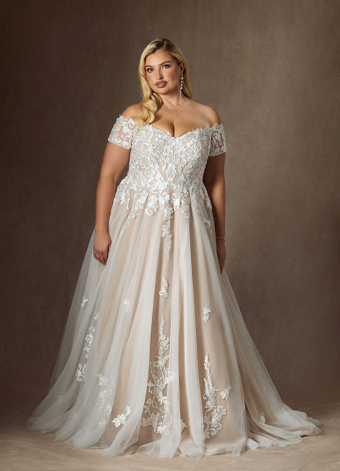 Azazie Rowe Wedding Dresses Diamond White Nude Ball-Gown Off the Shoulder Tulle Dress image3