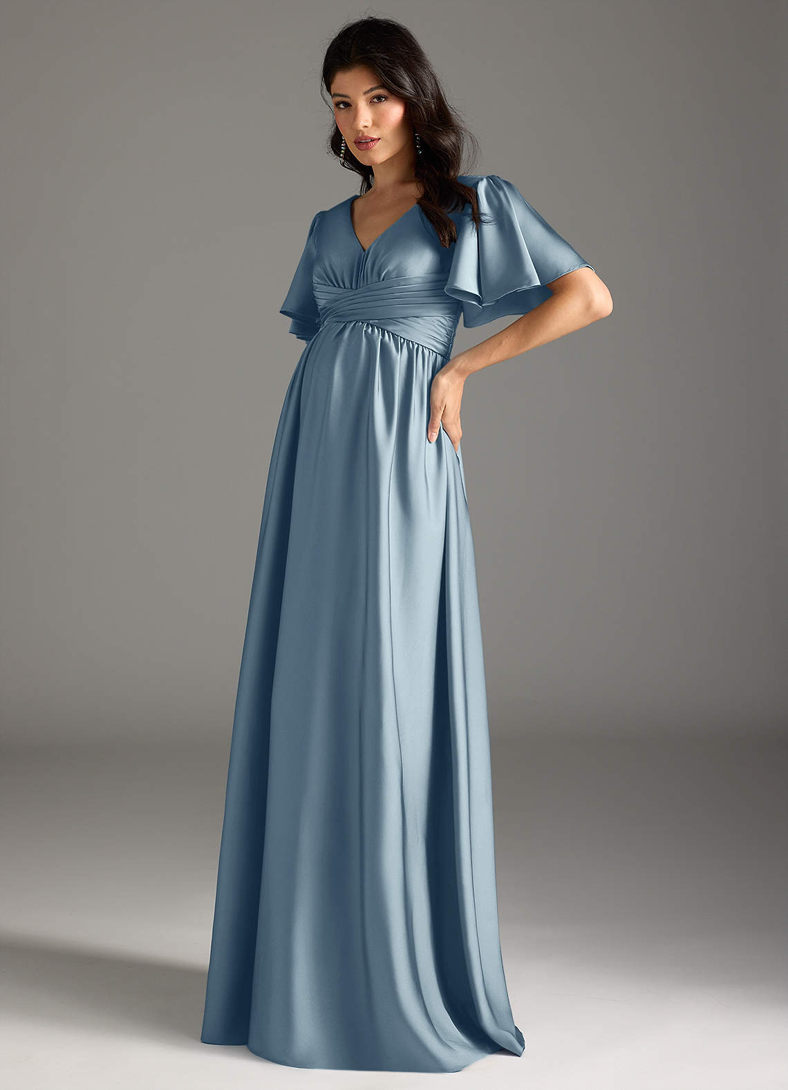 Azazie Verna vestidos de dama de honor de maternidad Vestido de Corte En A Volante Hasta el suelo Satén Elástico image3