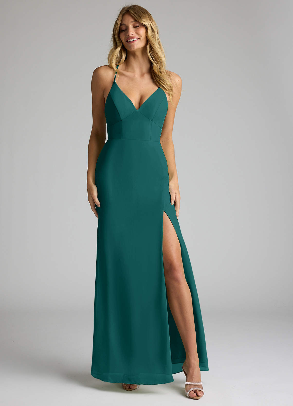 Azazie Plus Size Sheath V-Neck Floor-Length Chiffon Bridesmaid Dresses - Peacock