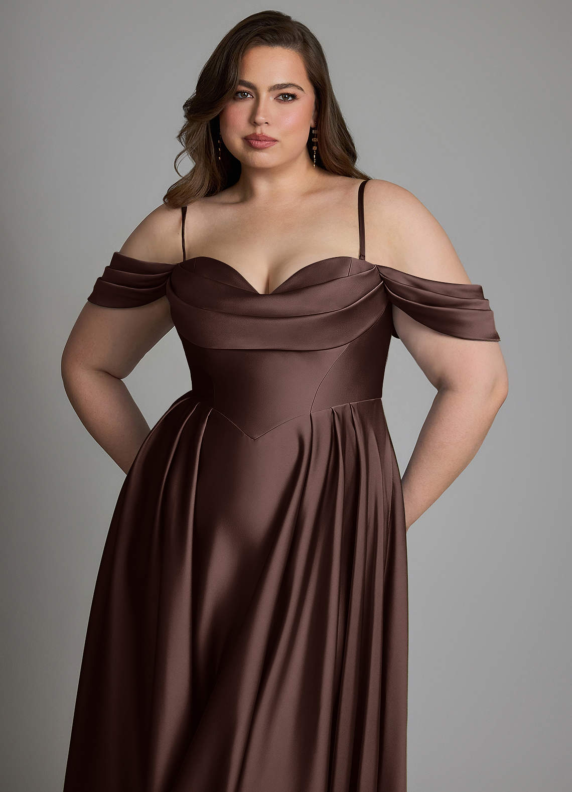 Azazie Loisa Bridesmaid Dresses Ganache A-Line Off the Shoulder Stretch Satin Dress image13
