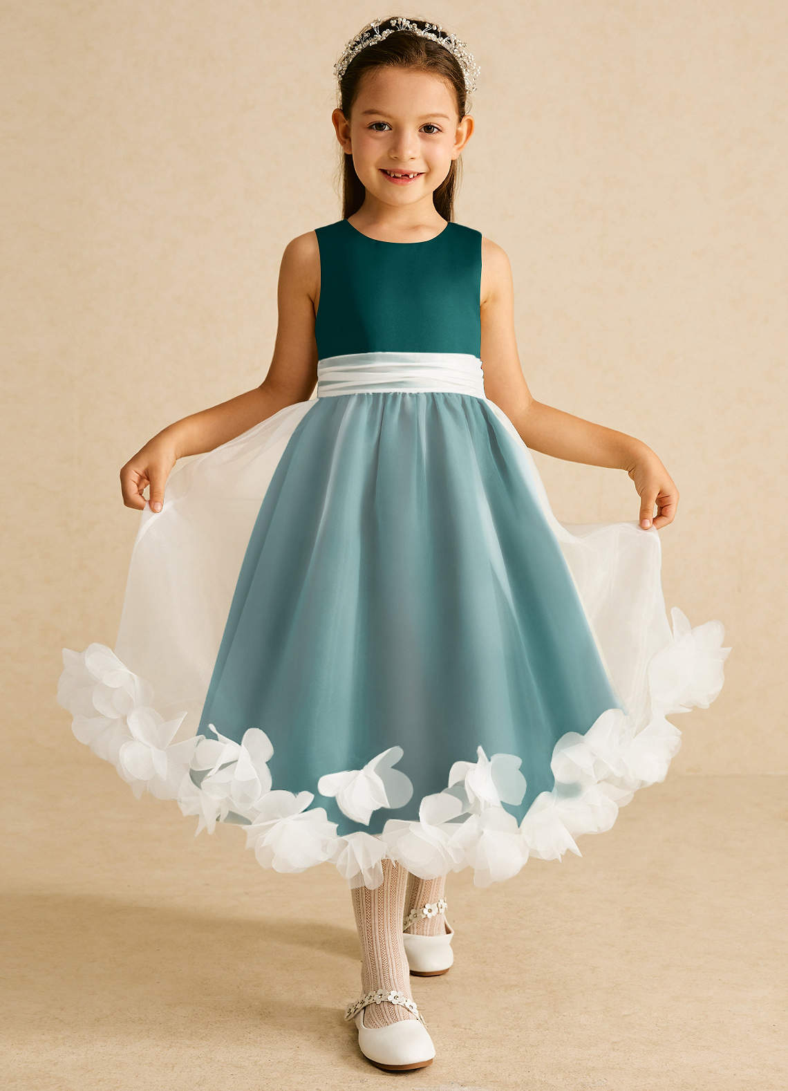 Azazie Stardust Flower Girl Dresses Peacock A-Line Sleeveless Organza Dress image1