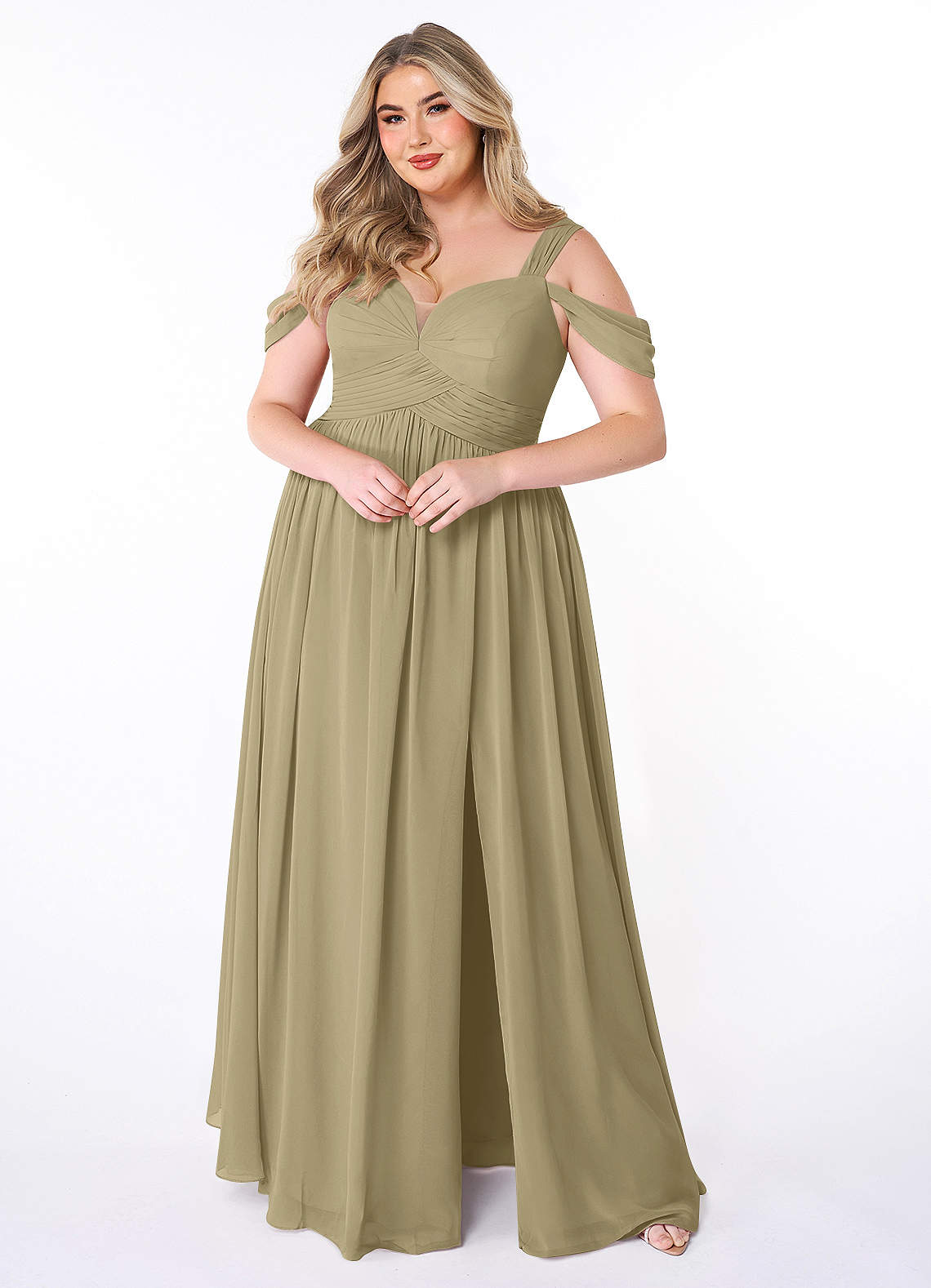 Azazie Lianne Bridesmaid Dresses Moss Green A-Line Off the Shoulder Chiffon Dress image1