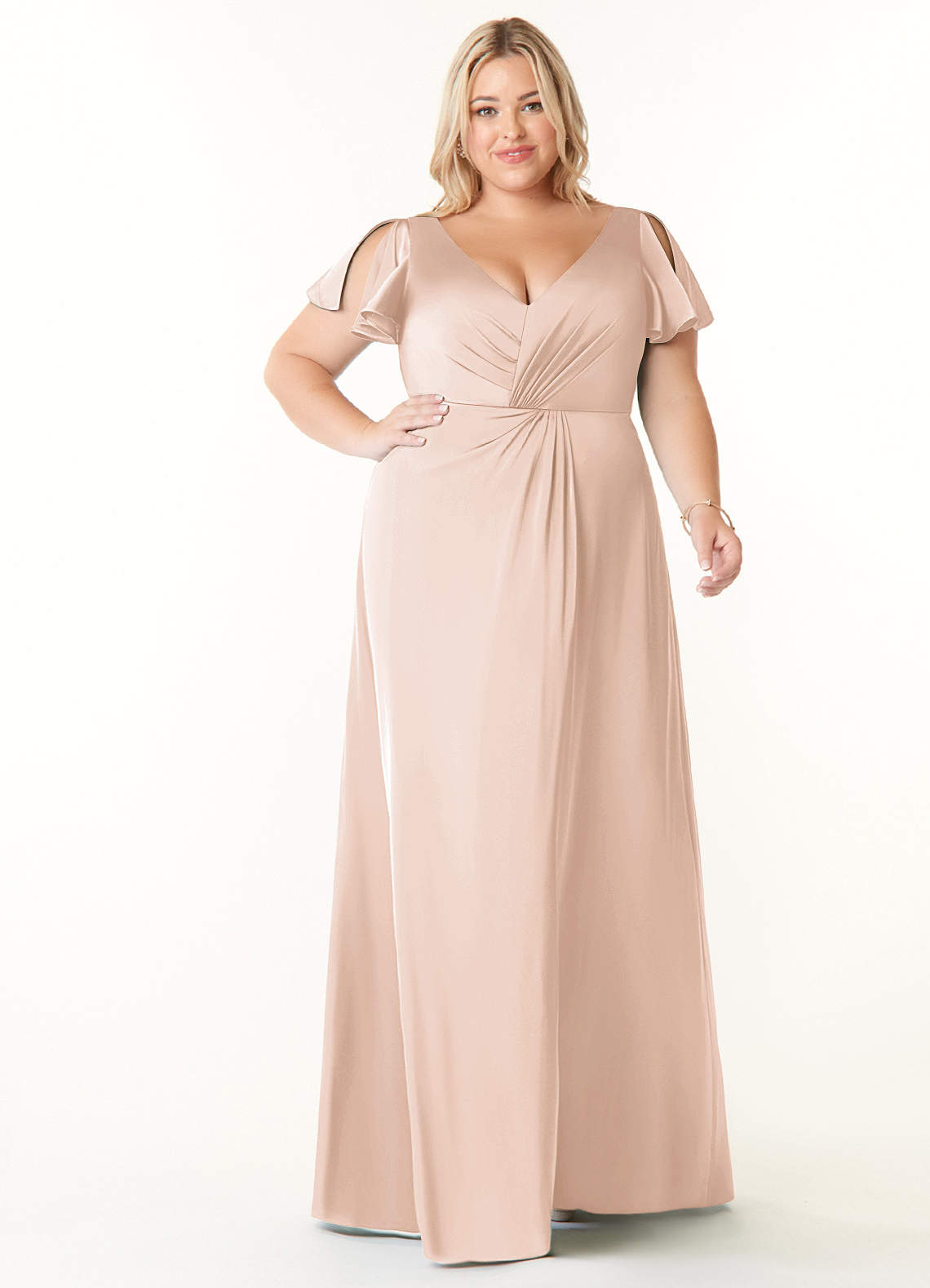 Azazie Soren Bridesmaid Dresses Blushing Pink A-Line Pleated Stretch Satin Dress image1