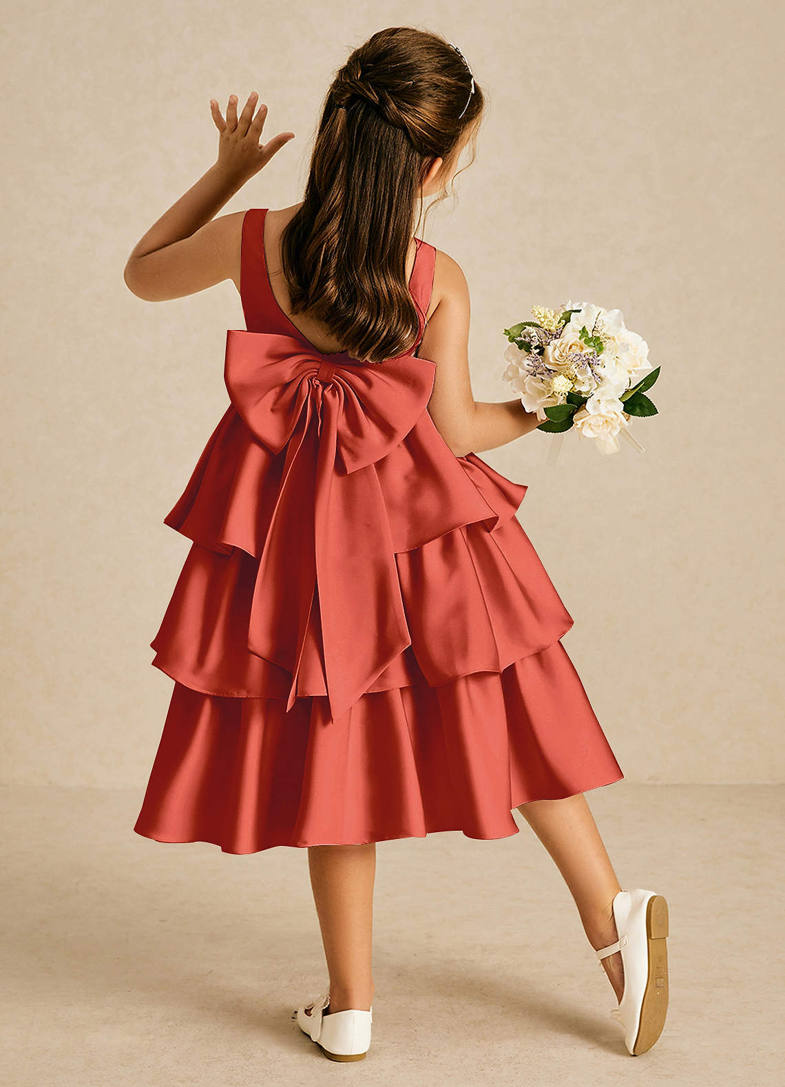 Azazie Margery Flower Girl Dresses Rust A-Line Bow Stretch Satin Dress image1