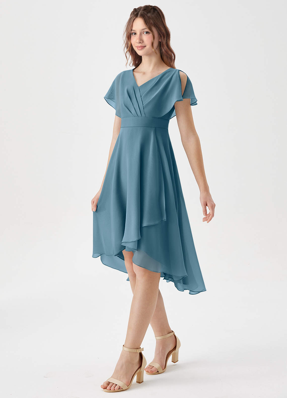 Azazie Graciela Junior A-Linie Plissee Chiffon Kleid Bermudablau image3