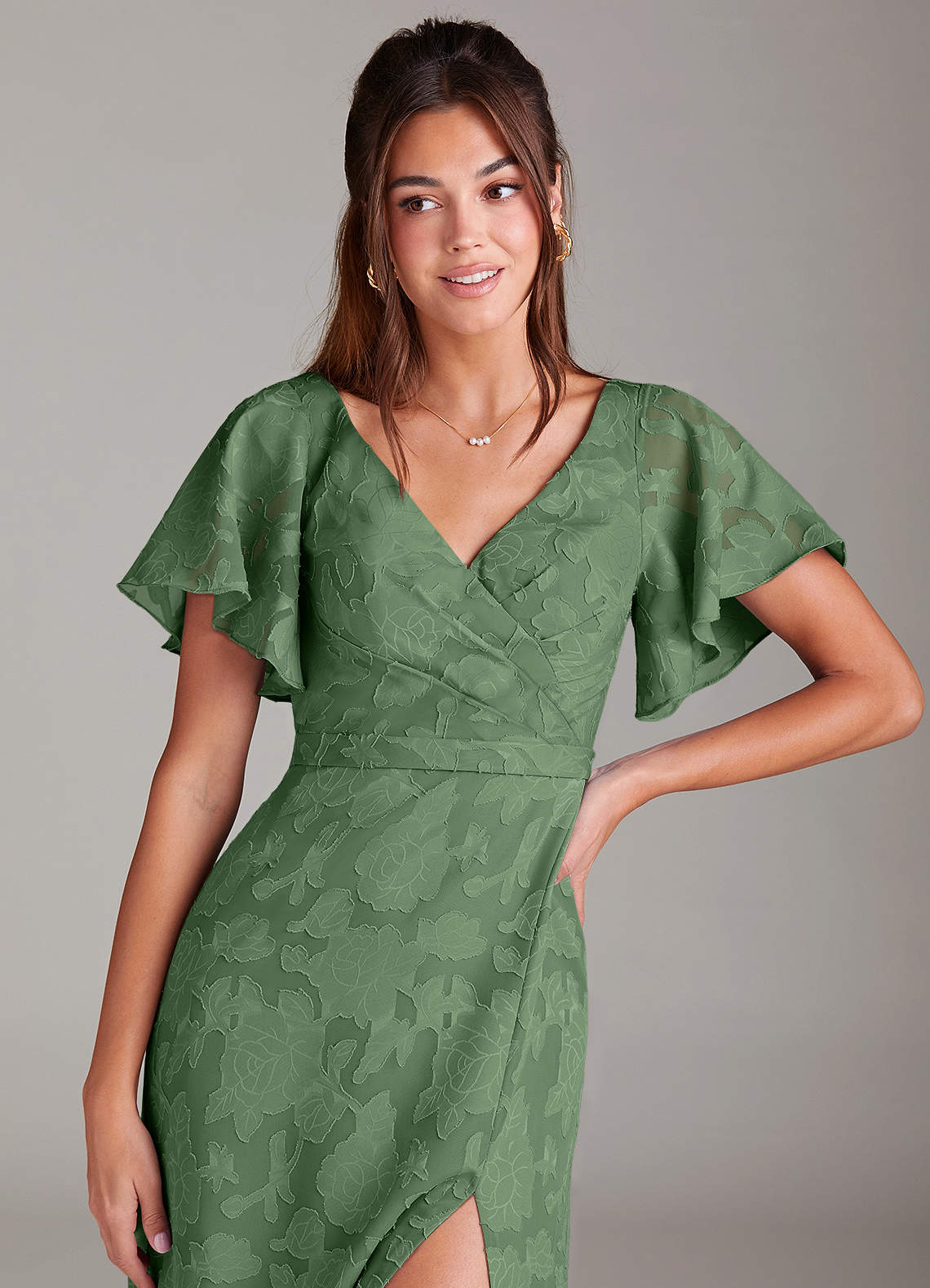 Azazie Ambrosia Bridesmaid Dresses Eucalyptus A-Line Pleated Floral Burnout Dress image4