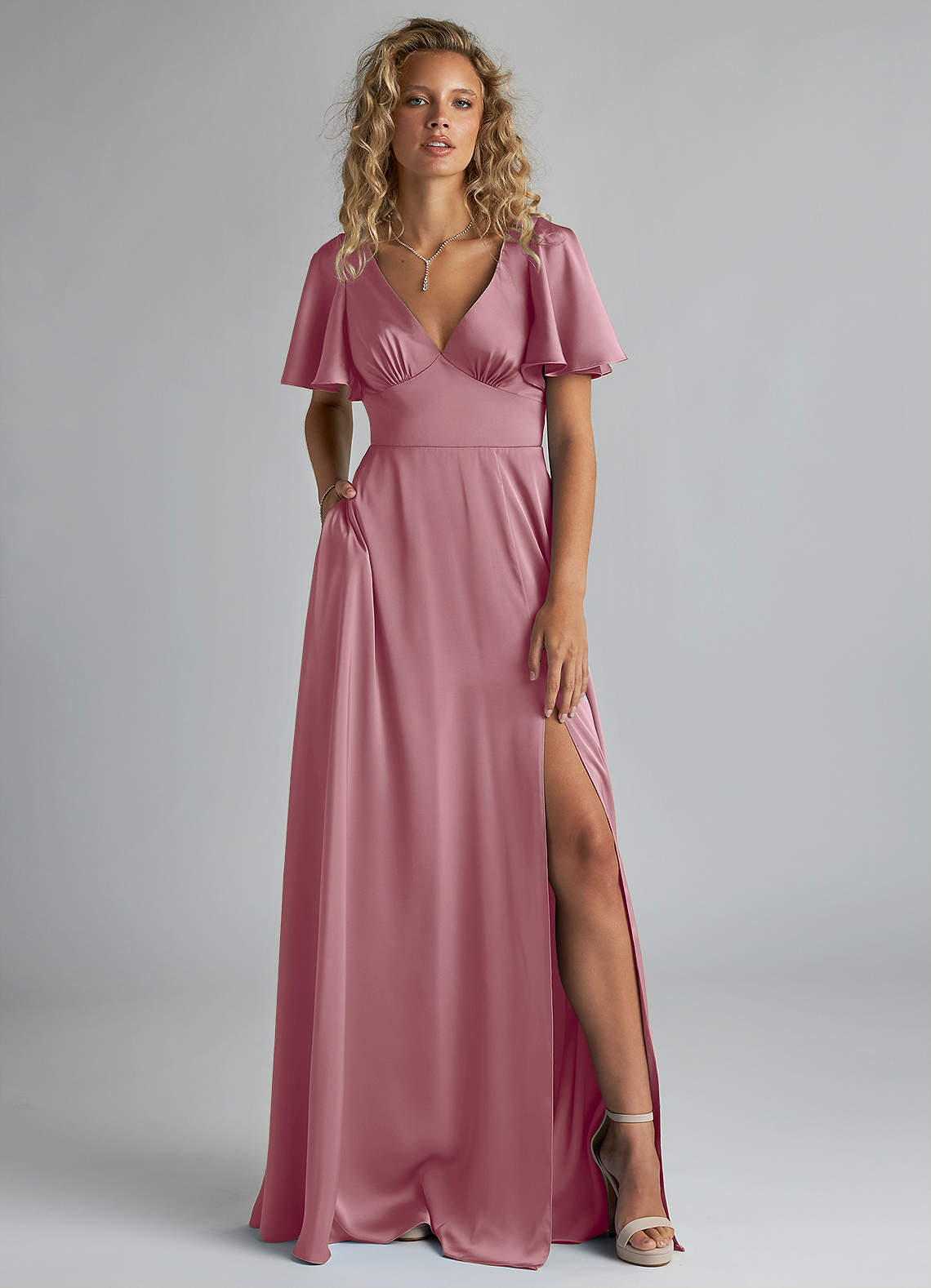 Azazie Kimber Bridesmaid Dresses Vintage Mauve A-Line Ruched Stretch Satin Dress image1