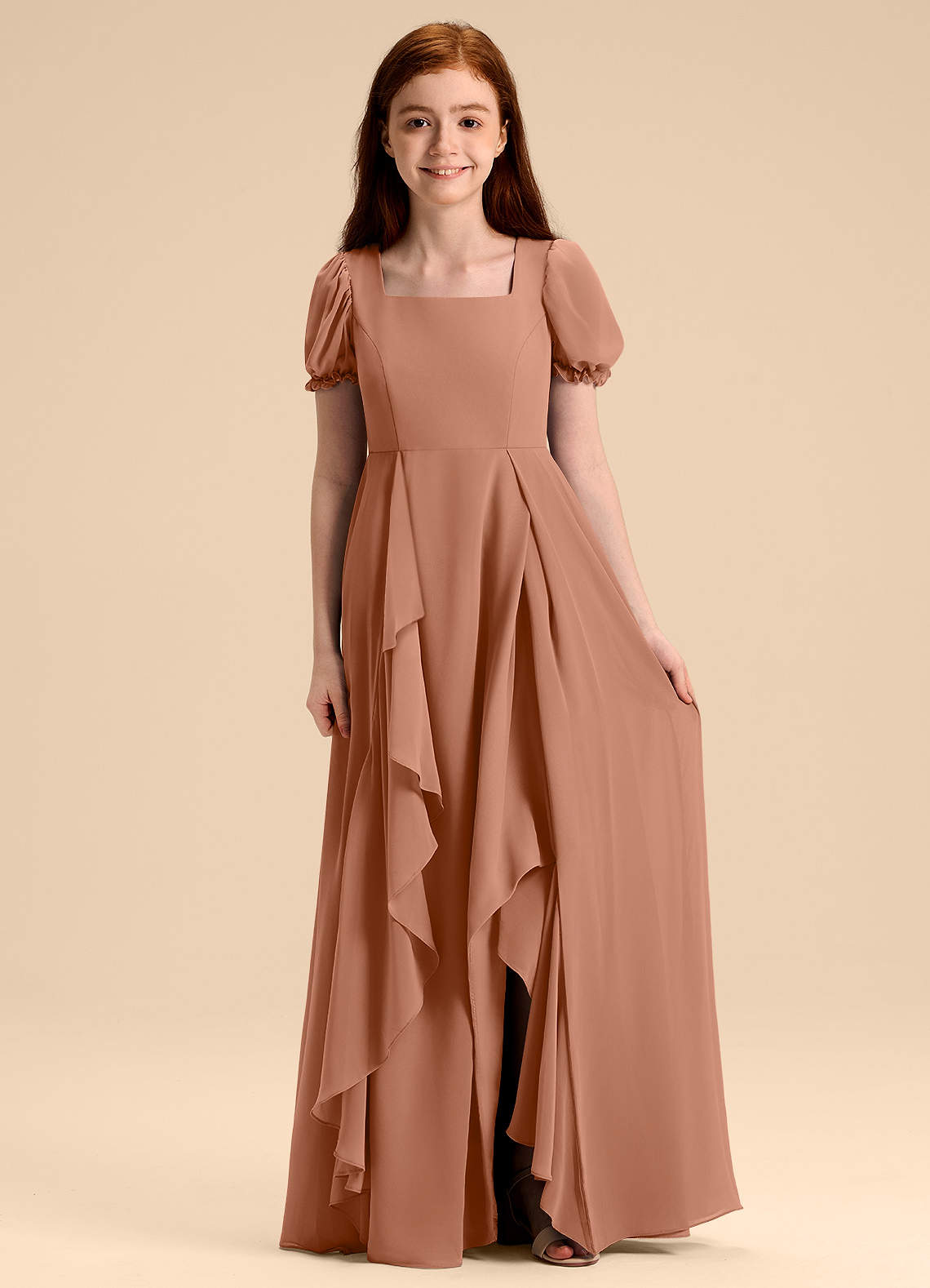 Azazie Priya Junior Bronzer A-Line Blouson Chiffon Dress image1