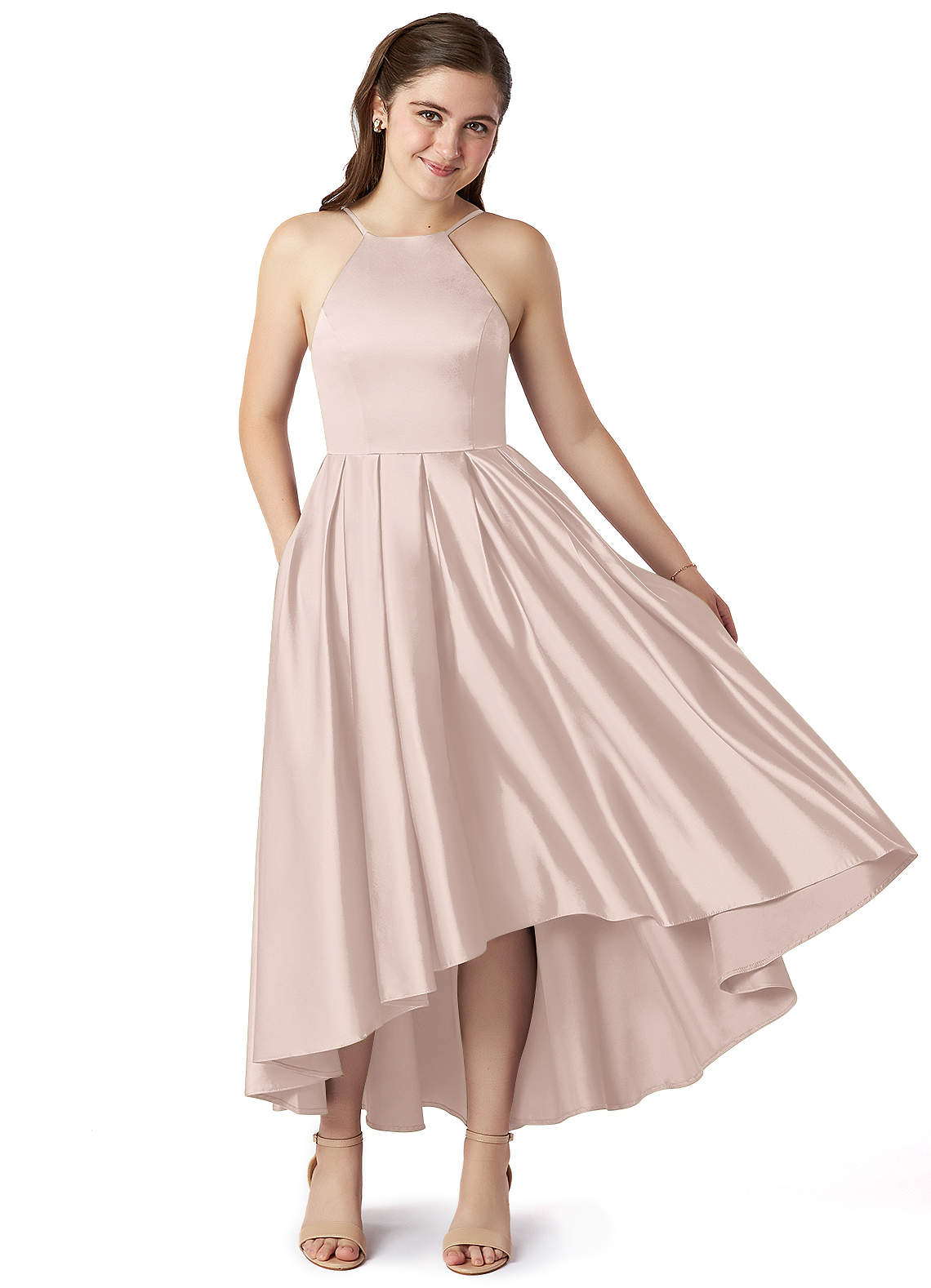 Azazie Jemima Junior Blushing Pink A-Line with Pockets Stretch Satin Dress image1
