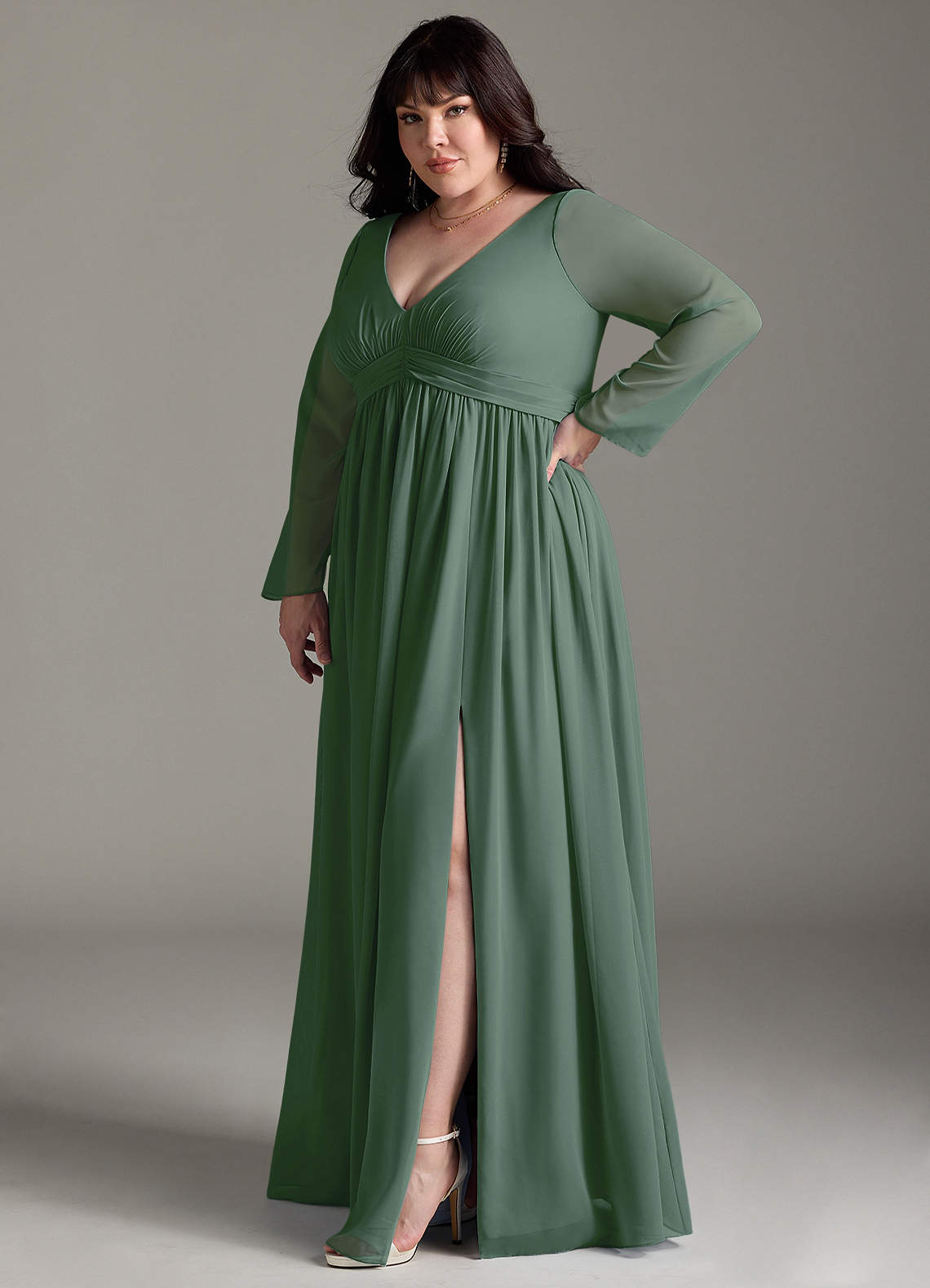 Azazie Teton Vestidos de dama de honra para maternidade Vestido Linha A Manga comprida Comprimento do chão Chiffon image9